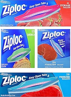 Ziploc Variety Pack – 54 Freezer Quart Bags – 38 Freezer Gallon Bags – 125 Sandwich Bags – 52 Storage Gallon Bags