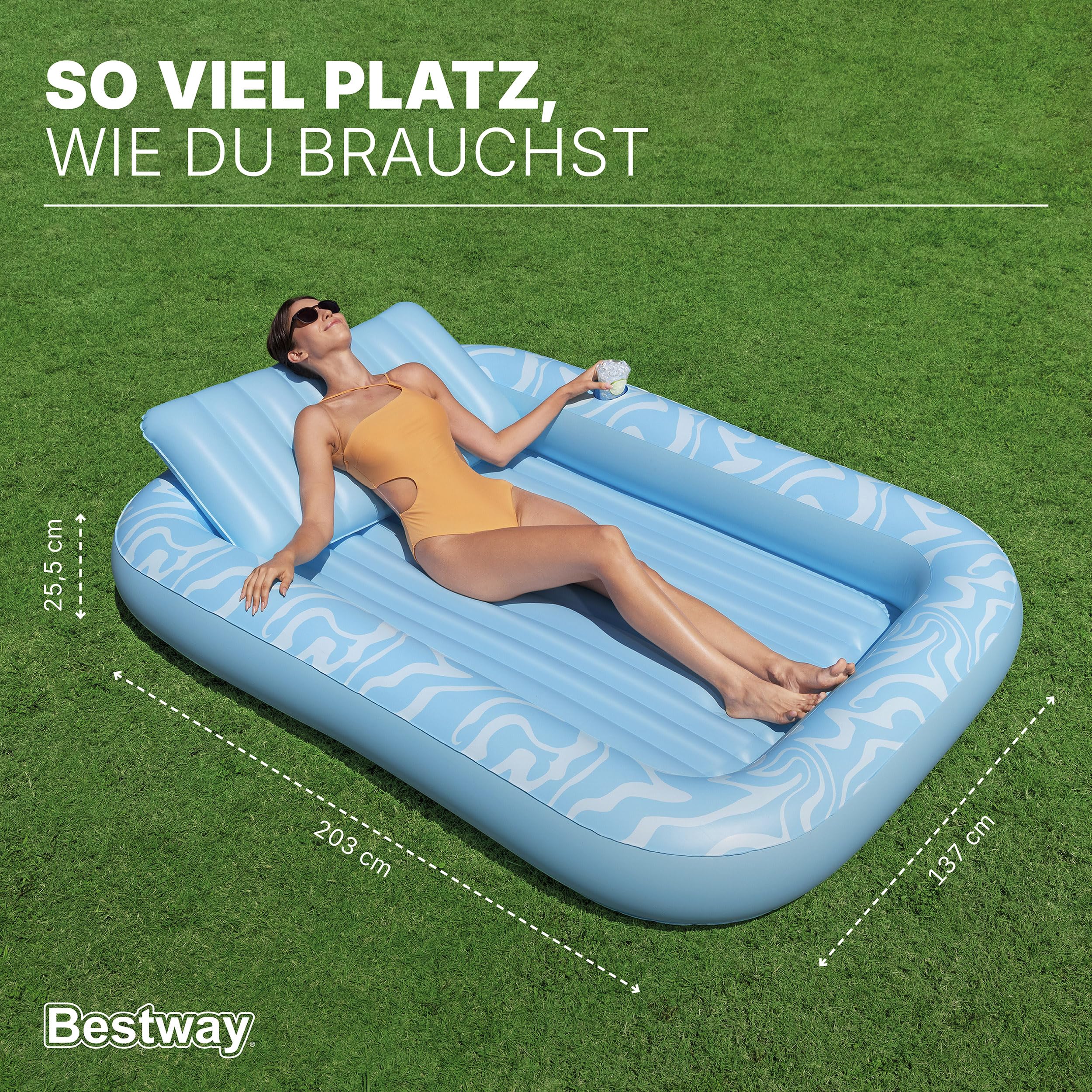 Bestway Aufblasbare Sonnenliege 203 x 137 cm – Große Poolliege & Wasserlounge für 1 Person, mit Kopfkissen & Getränkehalter, auch als Mini-Pool nutzbar für Pool, Strand & Garten