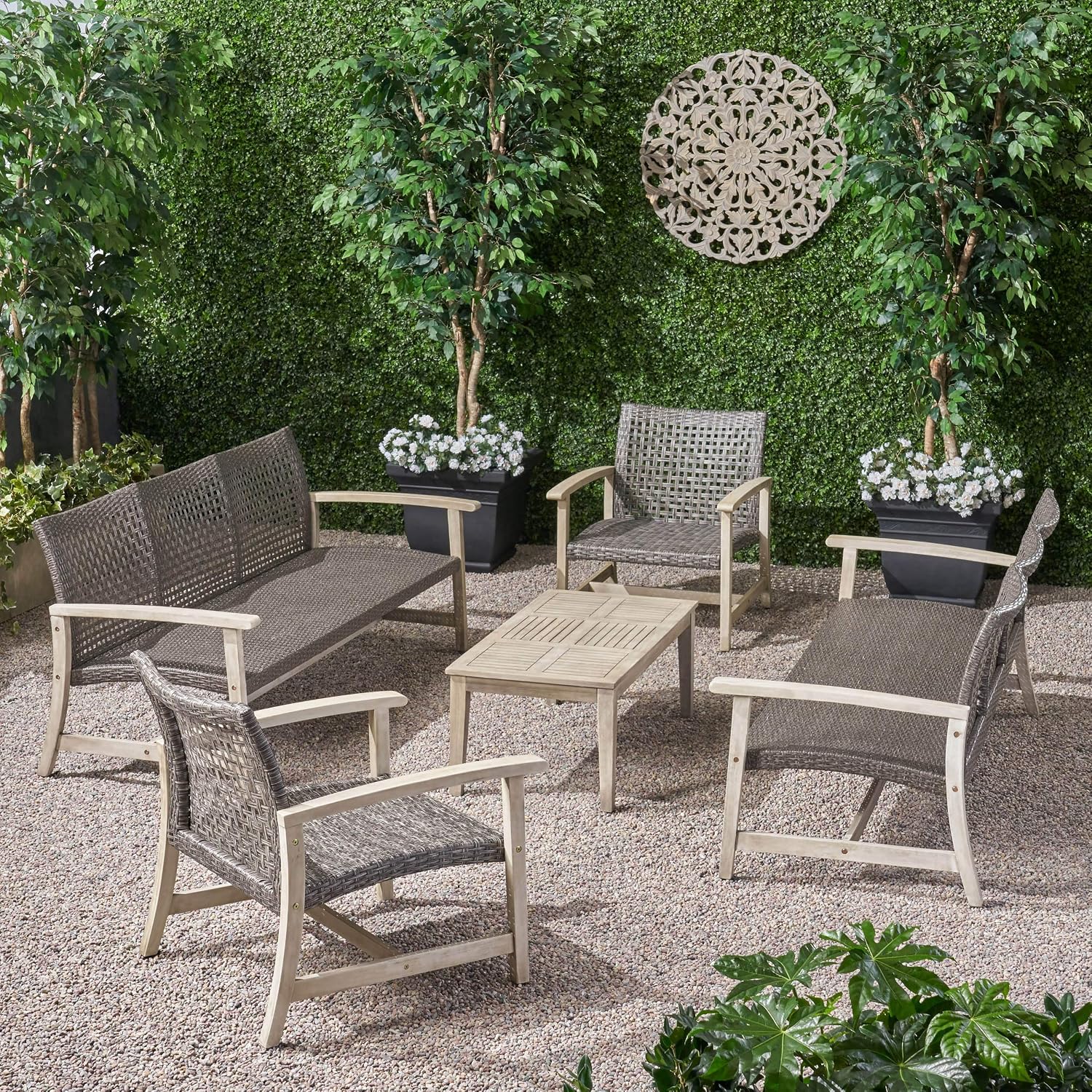 GDFStudio Outdoor 5 Piece Wood and Wicker Sofa Chat Set, Mixed Black