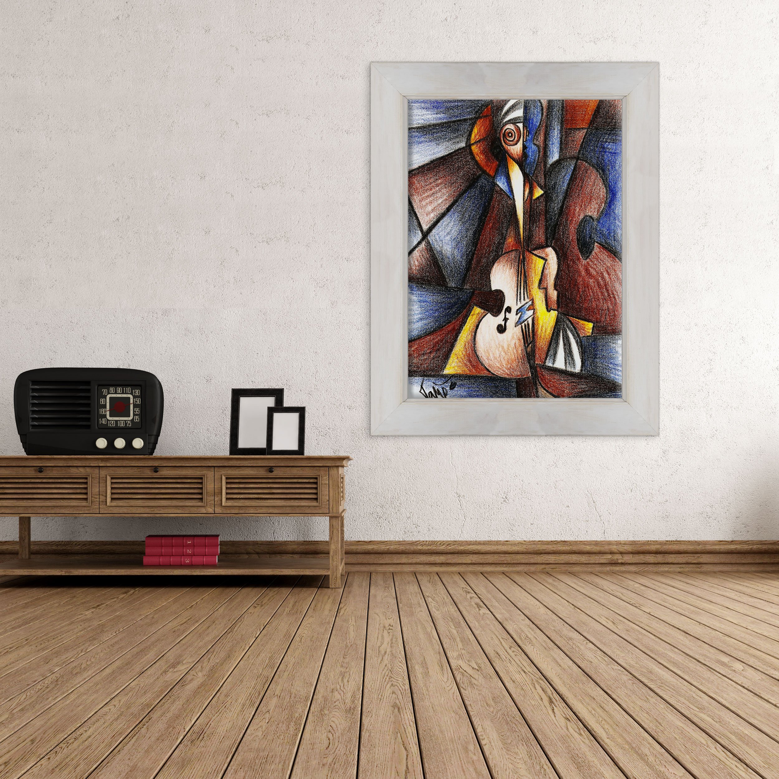 Quadro su Tela Canvas INTELAIATO - con Cornice - Chitarra Arte Astratta - 30x40cm - Stile Country Bianco Shabby - (cod.1941)