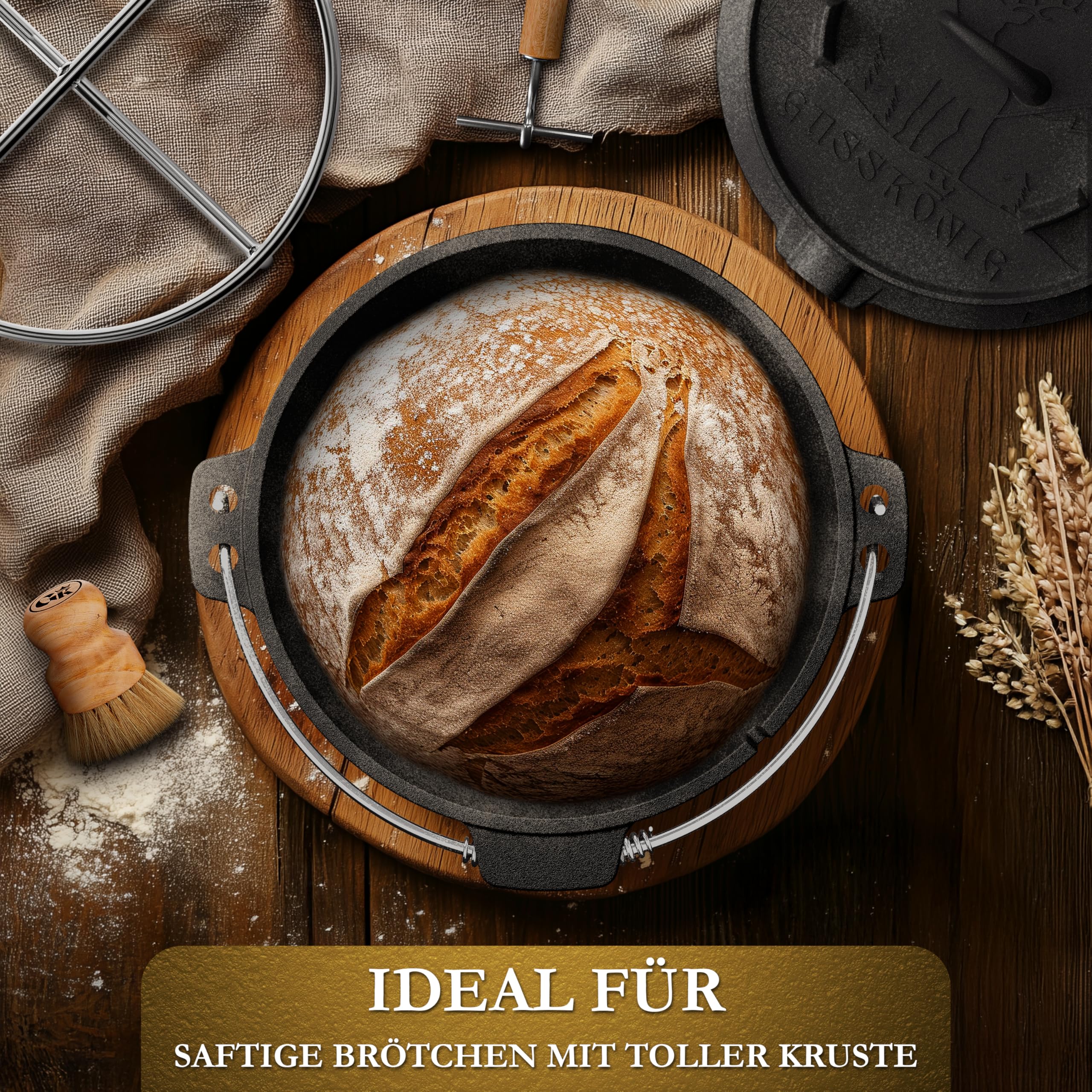 GUSSKÖNIG Gusseisen Brotbackform mit Deckel 33 cm - Brotbacktopf inkl. Rezeptbuch I Brottopf zum backen I Brot Backen Zubehör I eingebrannter Dutch Oven zum Brotbacken I Gusseisen Topf Brot backen