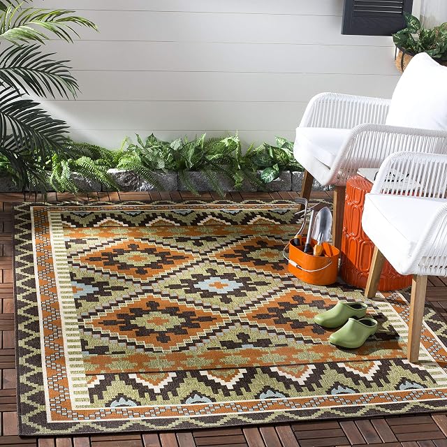 SAFAVIEH Veranda Collection VER096 Boho Indoor/ Outdoor Non-Shedding Easy Patio Backyard Porch Deck Mudroom Area Rug 3' x 3' Square Green/Terracotta