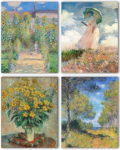 Claude Monet - Juego de 4 pinturas artísticas famosas obras de arte de pared para dormitorio, póster de arte impresionista  Pósteres estéticos
