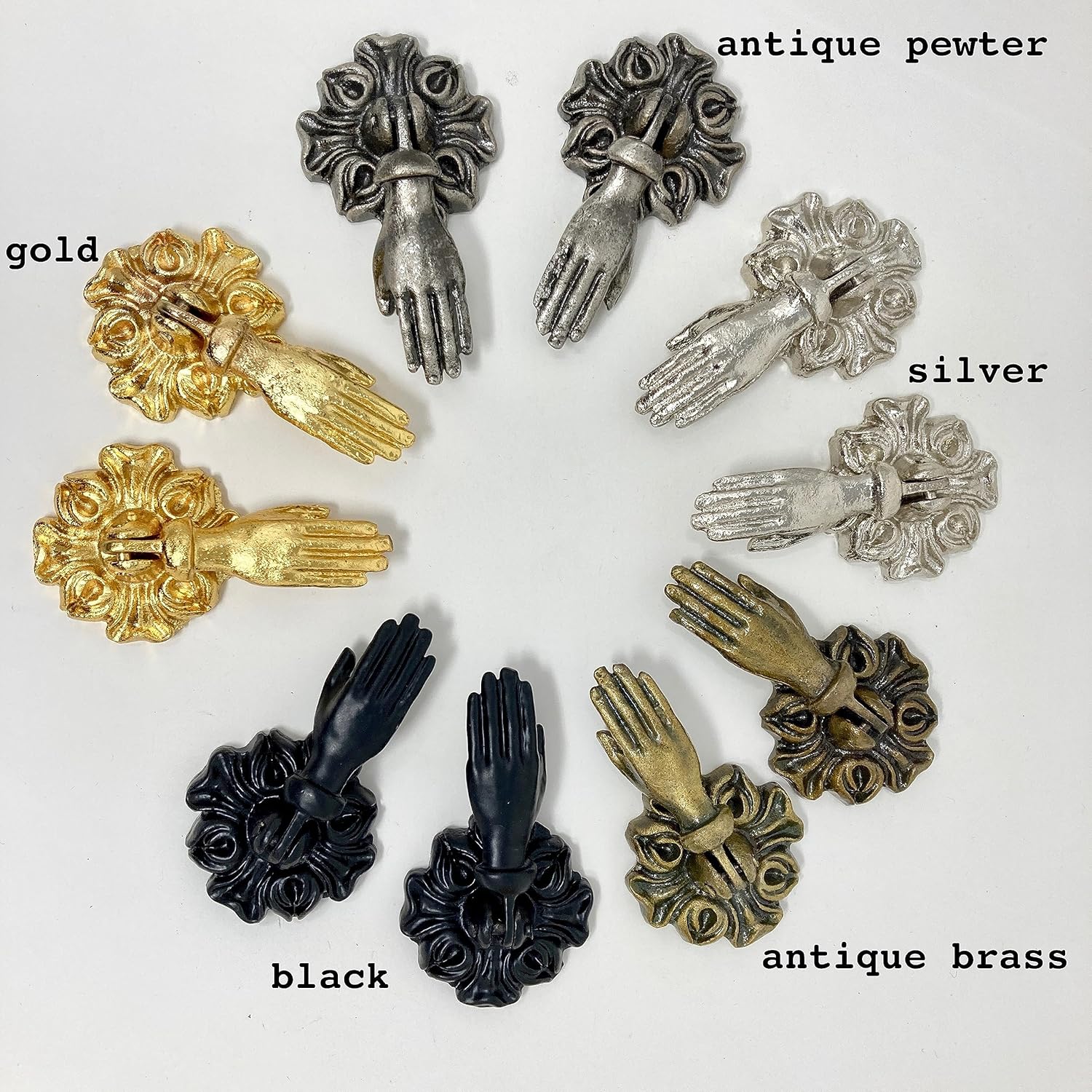 Victorian Style Pair (x 2) Vintage Hands Iron Drawer Pulls, French Chic, Cabinet Door Handle, Door Knob (Antique Brass)