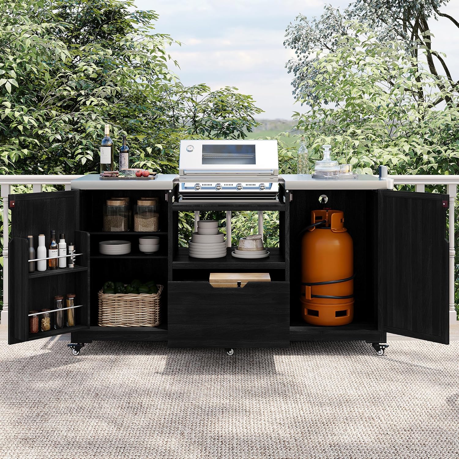 66.5" Outdoor Grill Cart for Big Green Egg, Solid Wood Kitchen Island BBQ Table with Stainless Steel Top, Large Drawer & Cabinet, Rolling Patio Bar Cart with Spice Rack & Towel Holder (Black)