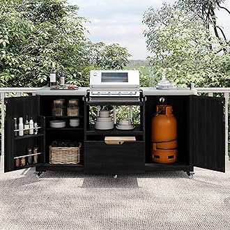 RUNNA 66.5" Outdoor Kitchen Island for Big Green Egg Grills,Solid Wood Outdoor Grill Cart for Tabletop Grill with Stainless Steel Top,Drawer, Compatible with Large Big Green Egg, Kamado Joe