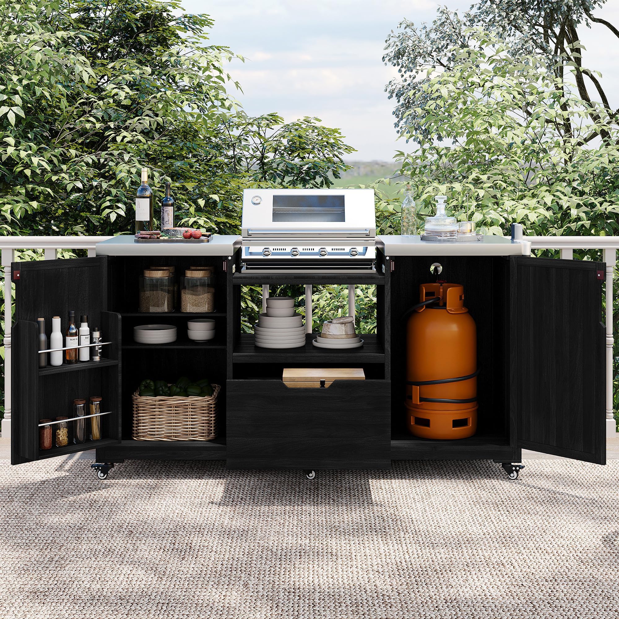 RUNNA 66.5" Outdoor Kitchen Island for Big Green Egg Grills,Solid Wood Outdoor Grill Cart for Tabletop Grill with Stainless Steel Top,Drawer, Compatible with Large Big Green Egg, Kamado Joe