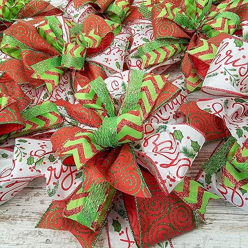 Miniatura 7 de Red Lime Green Christmas Holiday Lantern Wreath Bow - Burlap Wreath Embellishment for Making Your Own - Layered Full Handmade Farmhouse Already Made