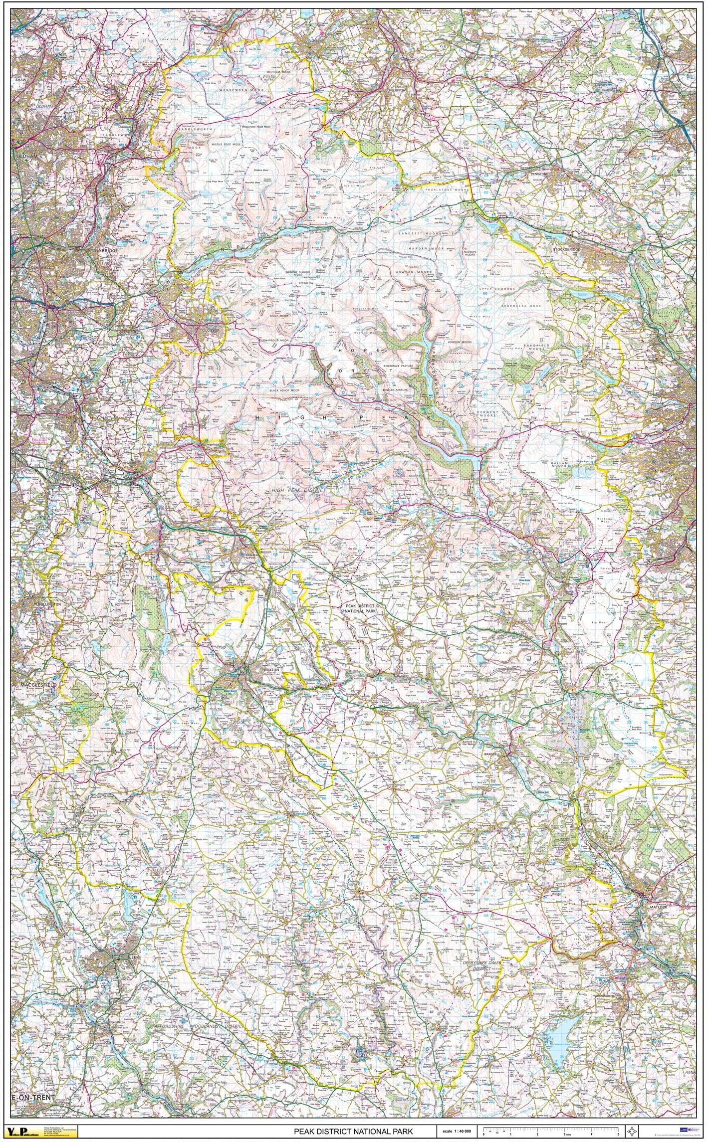 Peak District National Park flat laminated wall map ~ Printed from rescaled OS Landranger data 105cm x 170cm