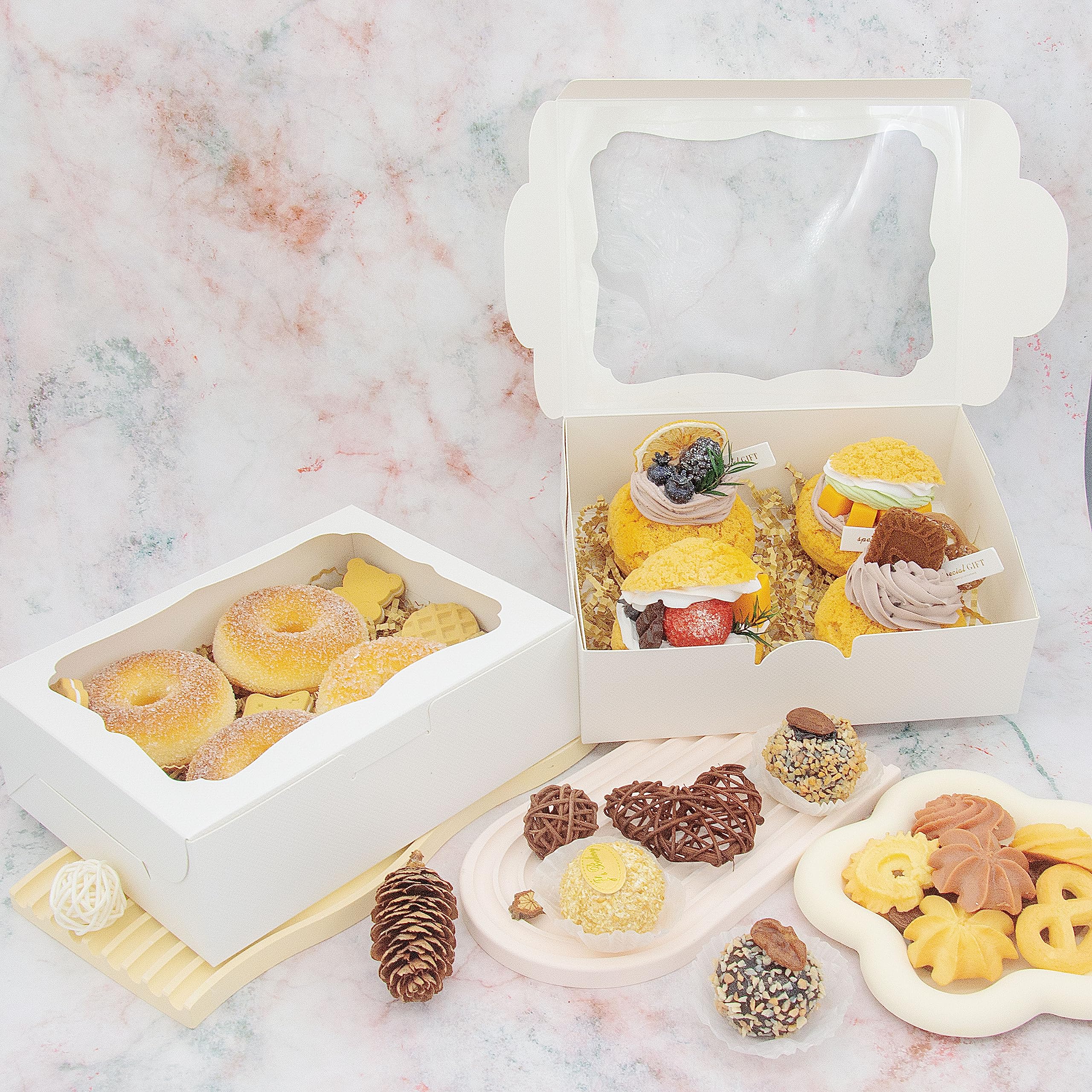 QULIT 50 cajas de panadería blancas de 8 x 6 x 2.5 pulgadas con ventana, cajas de pastelería, cajas de postre para galletas, macarrón, dona, magdalenas de chocolate, fresa y cupcakes