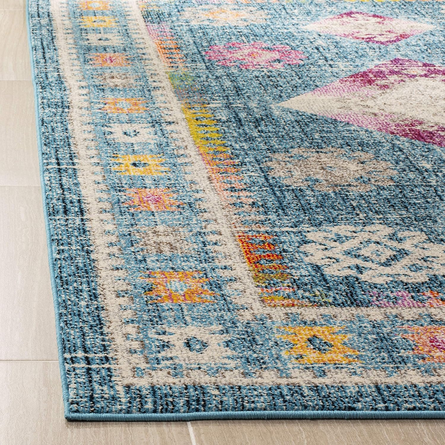 SAFAVIEH Madison Collection Area Rug - 6'7" Square, Blue & Fuchsia, Boho Chic Diamond Distressed Design, Non-Shedding & Easy Care, Ideal for High Traffic Areas in Living Room, Bedroom (MAD305R)
