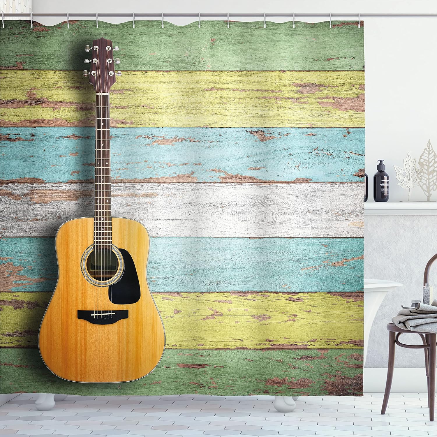 Ambesonne Music Shower Curtain, Acoustic Guitar on Colorful Painted Aged Wooden Planks Rustic Country Design Print, Cloth Fabric Bathroom Decor Set with Hooks, 69" W x 70" L, Orange Multicolor