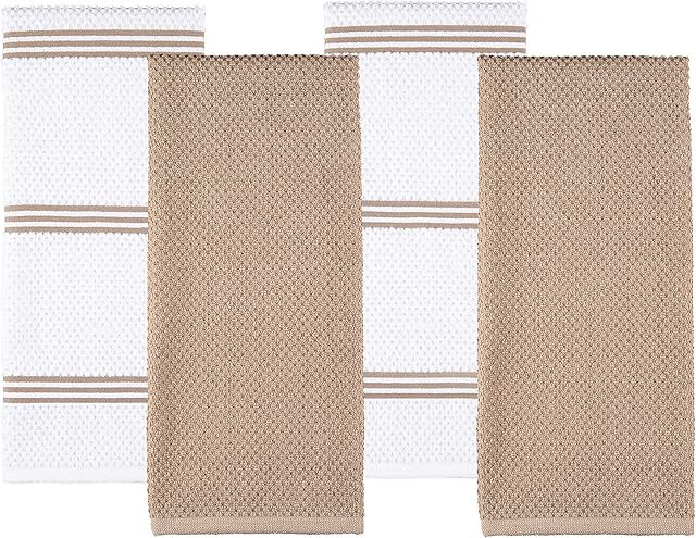 Sticky Toffee 100% Cotton Terry Tea Towel - Pack of 4, Tan Plain & Stripe Pattern | Kitchen Hand Cloth Set | Absorbent, Strong, Quick Dry & Machine Washable | Home & Kitchen Accessories