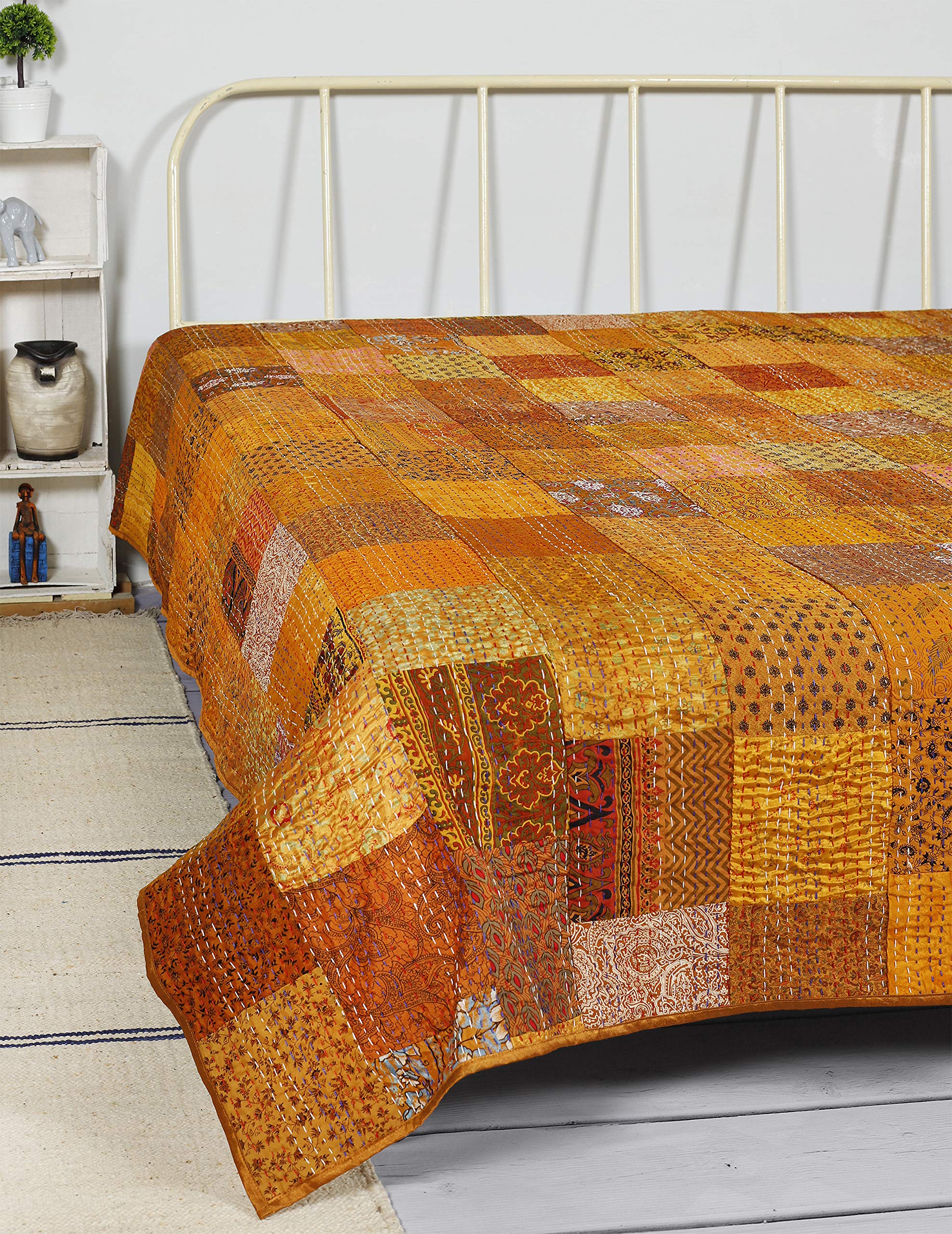 Ravaiyaa - Attitude is everything Silk Patchwork Single Gudri Coverlet Kantha Quilted Quilt Bedspread Bedding (Yellow)-image-45