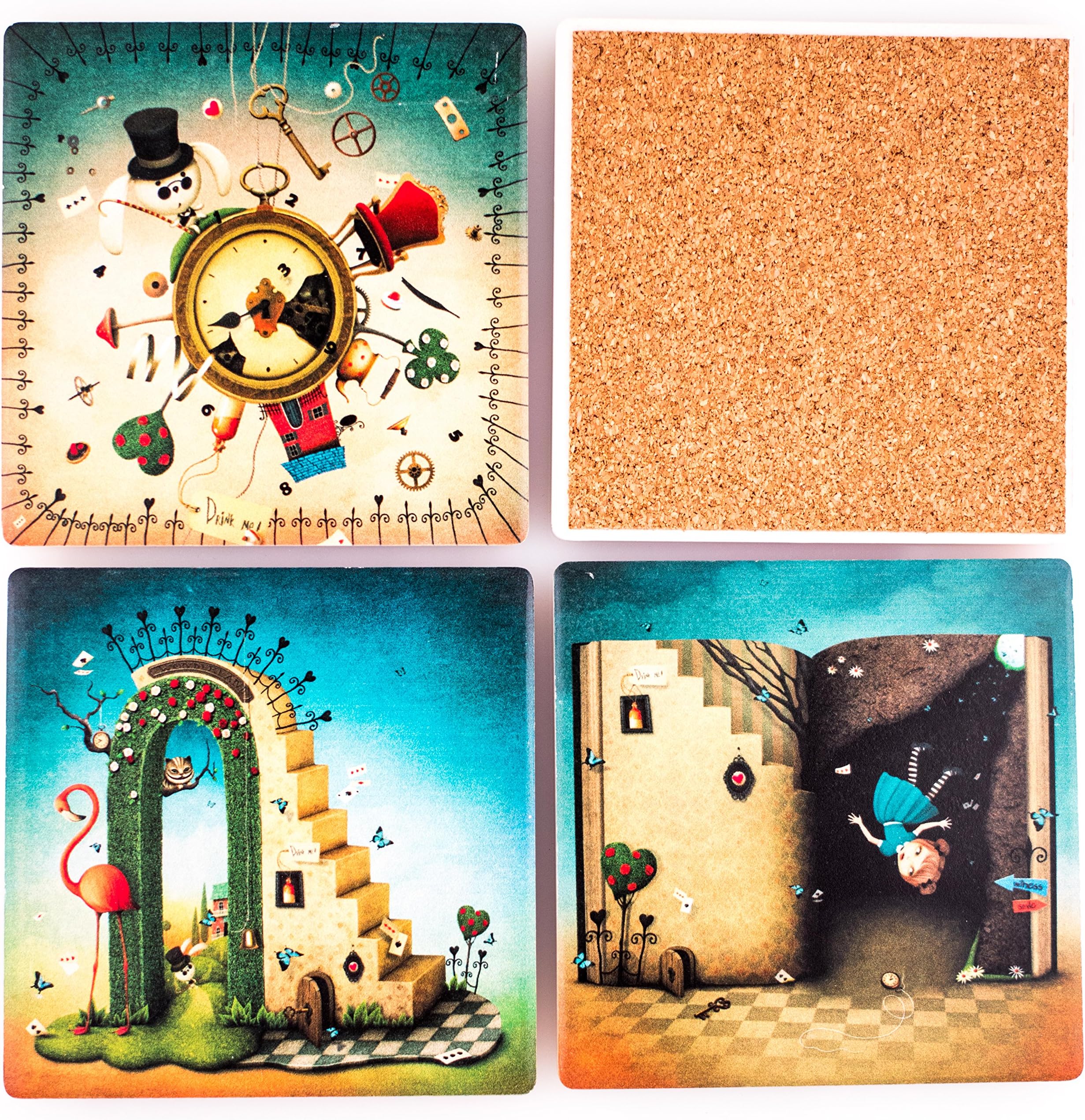 Large drink coasters. Coasters for drinks. Absorbent square coasters. Ceramic coasters set of 4. Great gift for women. Alice in Wonderland ceramic coasters. Coasters for women.