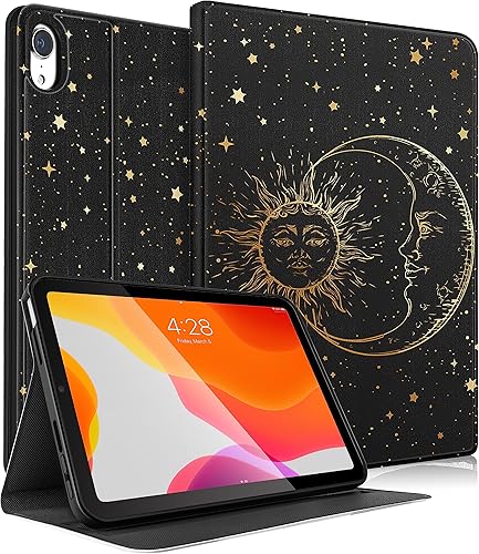 Uppuppy Funda para Apple iPad Mini 6, para iPad Mini 6 generación, funda para niños, lindo folio, mujeres, adolescentes, niñas, sol, luna, negro,