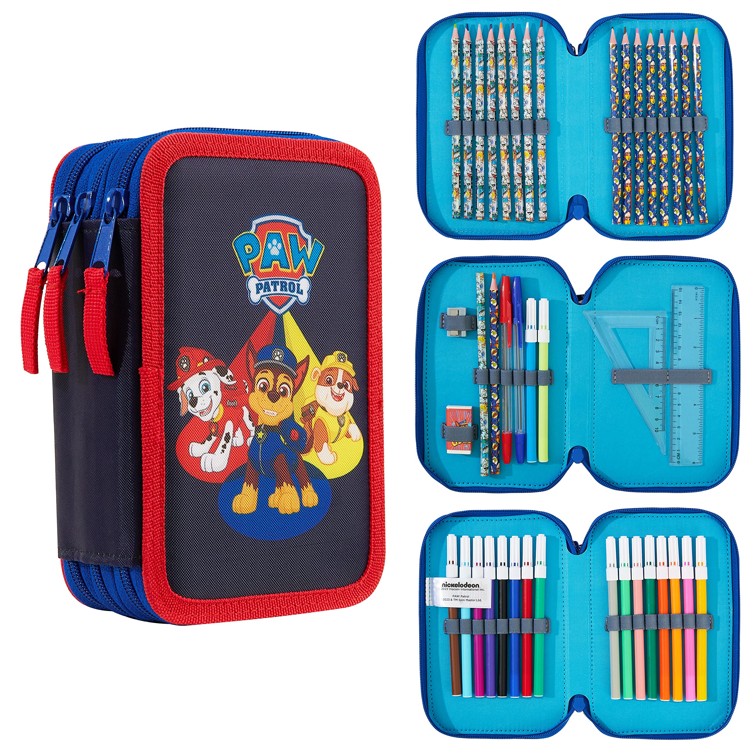 Patrulla Canina Estuche Escolar con Artículos de Papelería Estuche Escolar Niño con Material Escolar - Regalos y Juguetes Paw Patrol (Roja/Azul Triple Zip)
