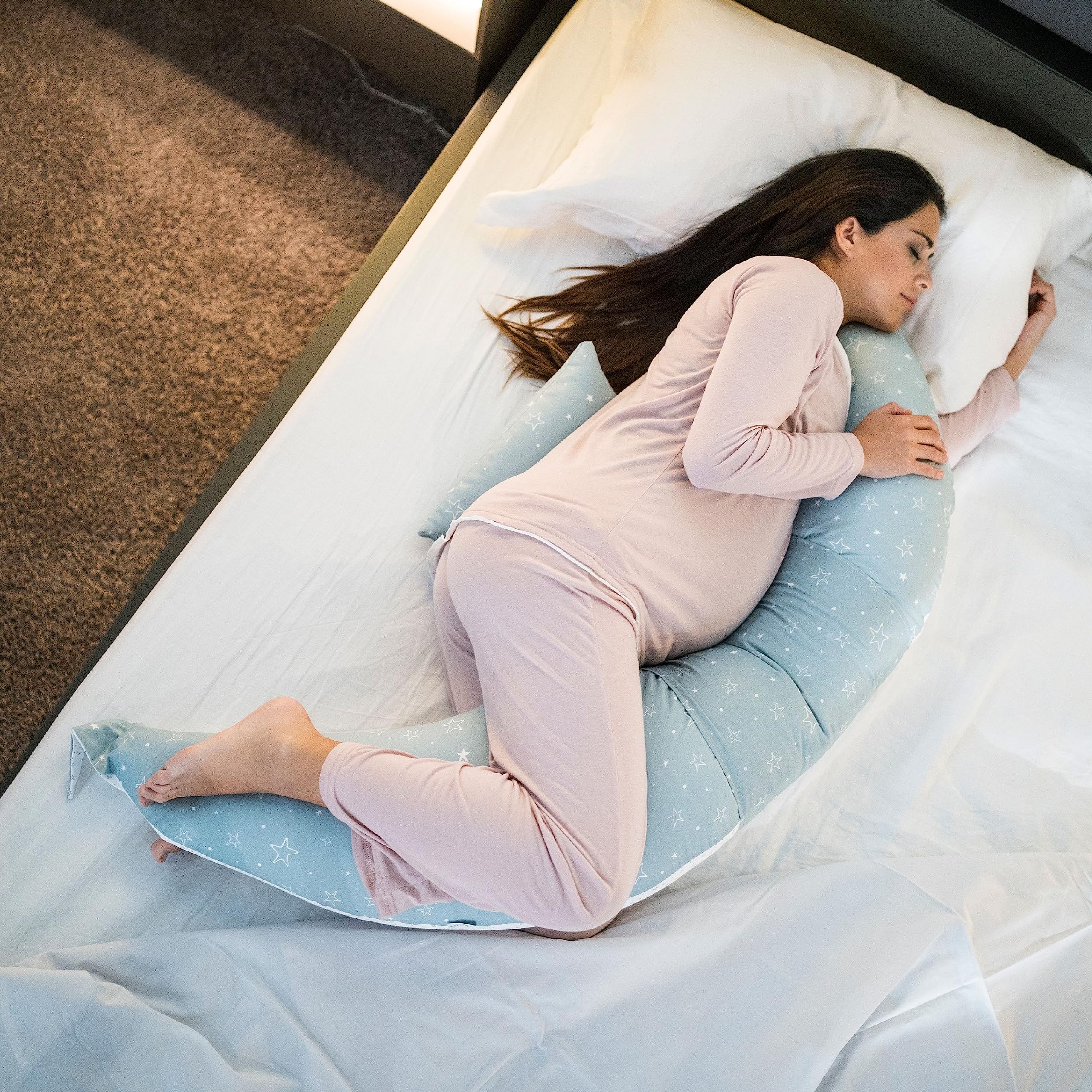 Nuvita 7100 DreamWizard Cojin Lactancia & Almohada Embarazo - 12 en 1 con Soporte Lumbar Ajustable - Funda 100% Algodon Desenfundable y Lavable - Con Microperlas (Blue Star)