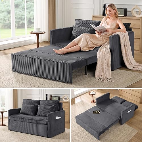 86” Extended Convertible Sofa Bed, Loveseat Sleep Sofa with USB Ports, Pull Out Couch with 6-Position Adjustable Backrest, Corduroy Couch Bed with Side Pockets for Living Room, Dark Grey