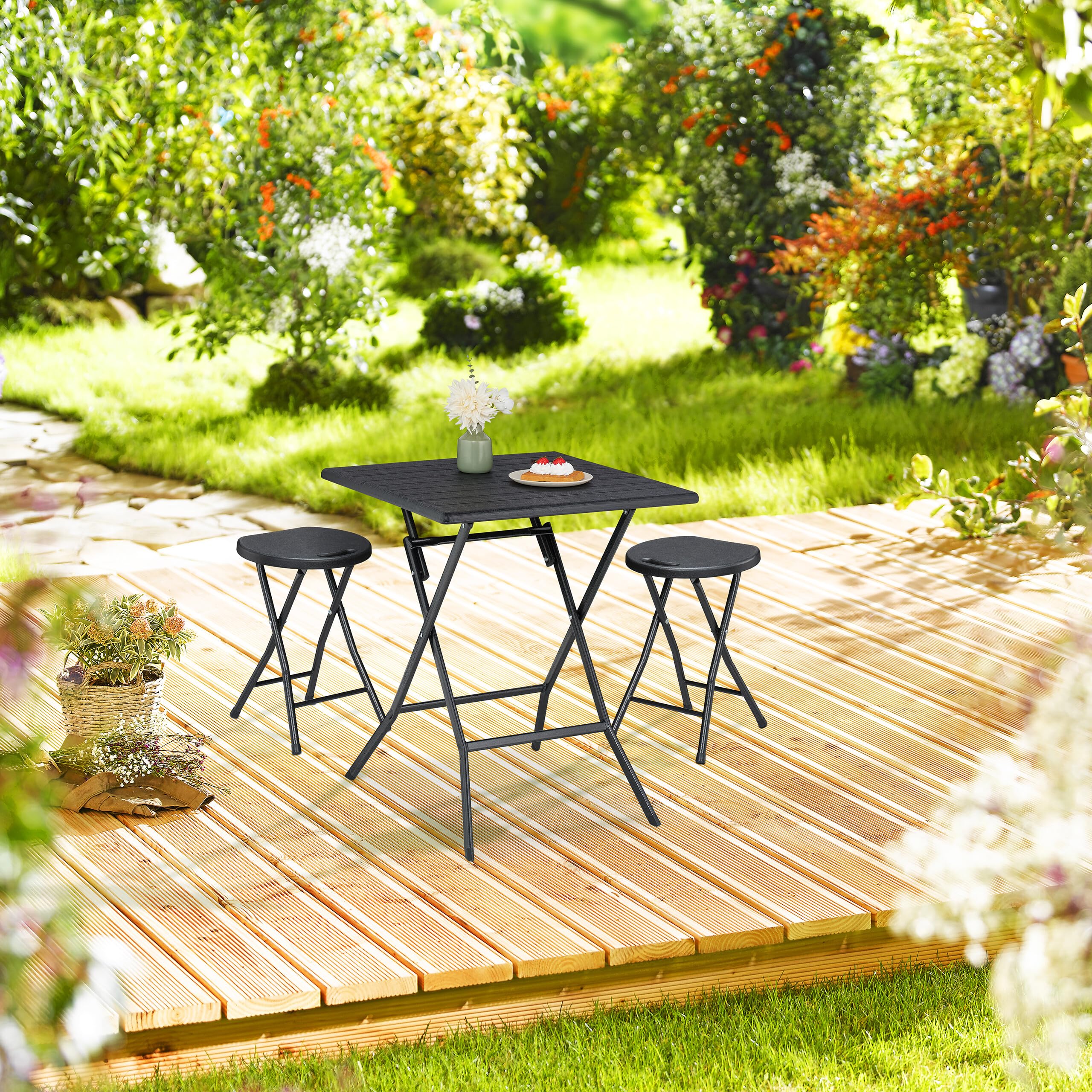 Relaxdays Tabouret Pliant, Lot de 2, HLP : 46x31x30 cm, Chaise de Jardin, terrasse, Balcon, poignée, Noir