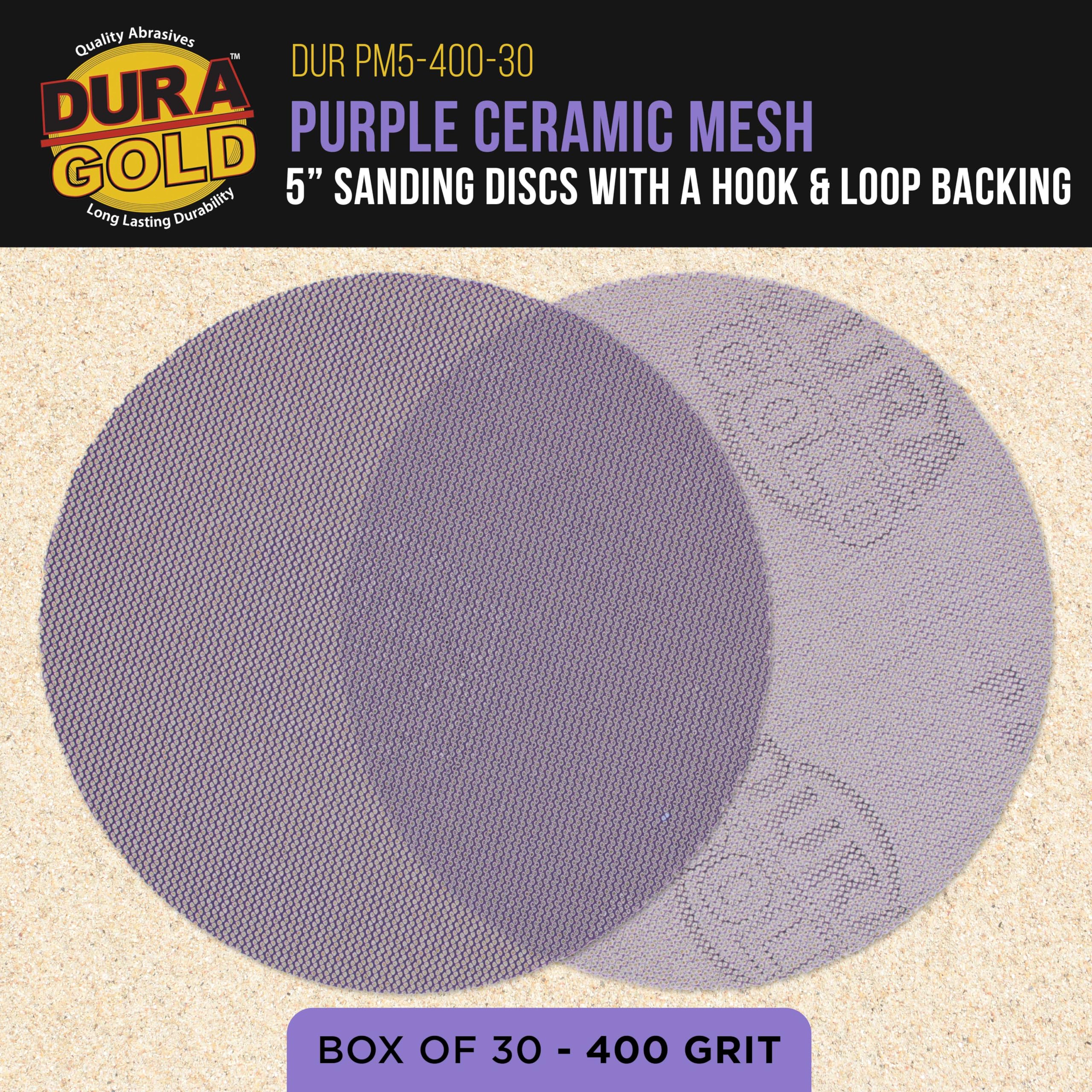 Dura-Gold Discos de lijado de malla de cerámica morada de grano 400 de 5 pulgadas, caja de 30 – Papel de lija sin polvo para lijadoras orbitales DA y aleatorias – Corte rápido de larga duración –