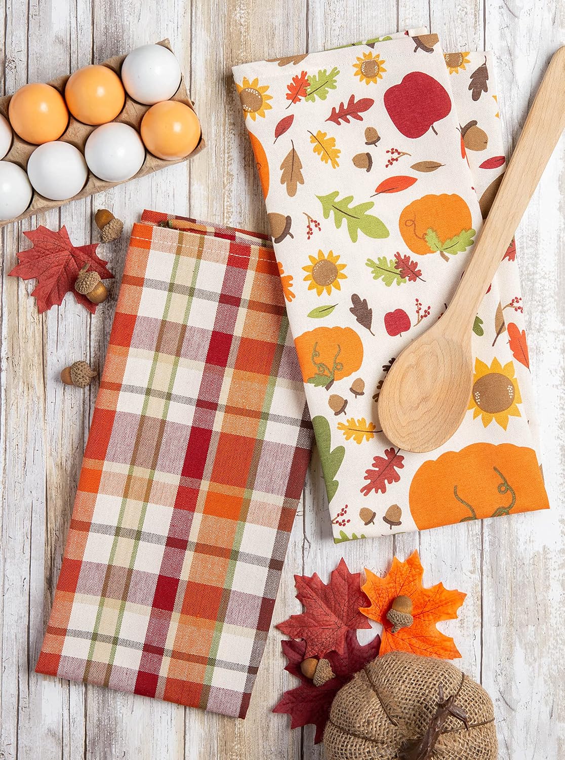 DII Fall Basics Kitchen Dishtowel Collection Printed & Plaid Fall Dish Towel Set, 18x28, Floral Plaid, 2 Count
