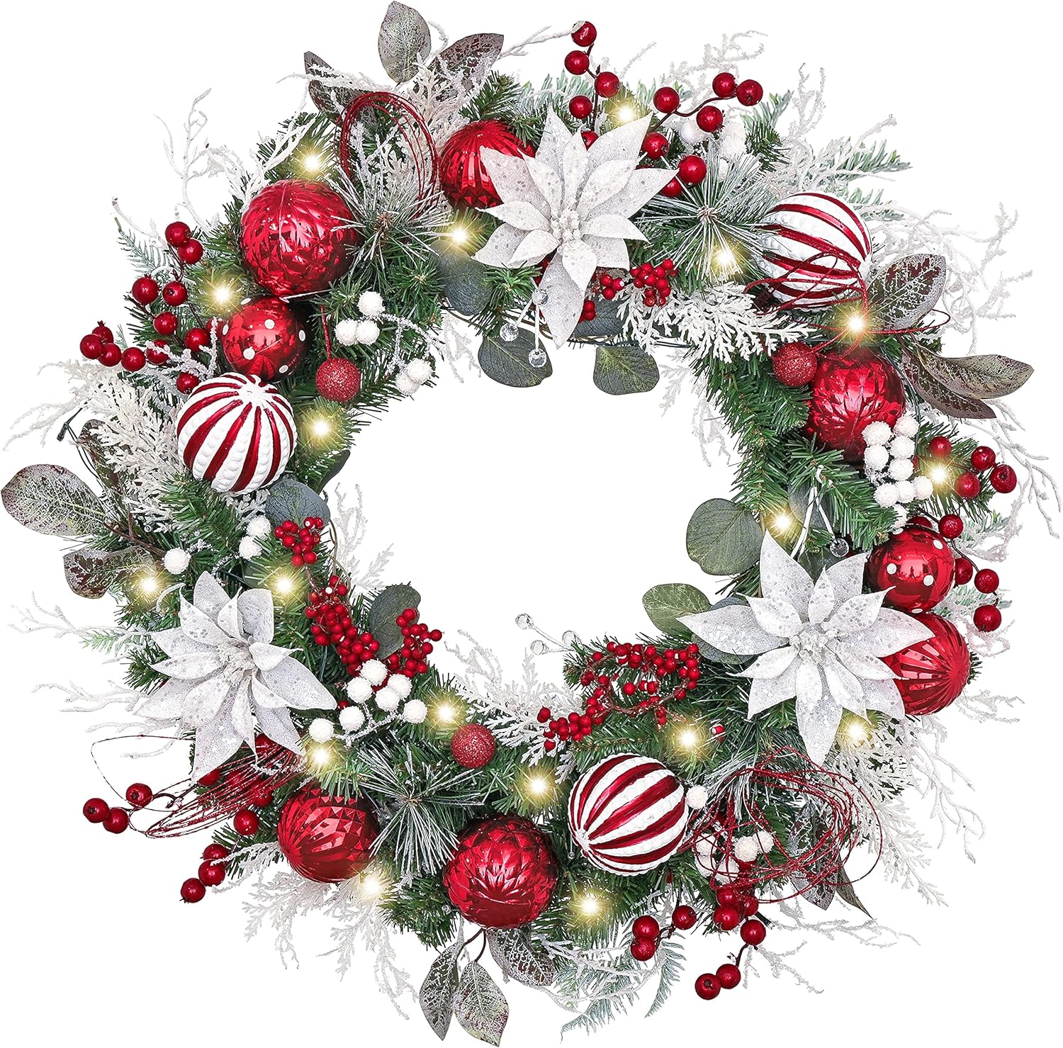 Valery Madelyn 24'' Pre-Lit Christmas Wreath for Front Door with Light, Collapsible Lighted Outdoor Christmas Wreath with Red White Xmas Balls & Flower for Home Porch Fireplace Window Holiday Decor