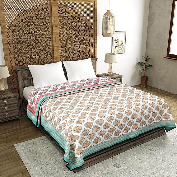 BLOCKS OF INDIA Hand Block Printed Cotton King Size Reversible Malmal Dohar (Turquoise Motifs Reversible)