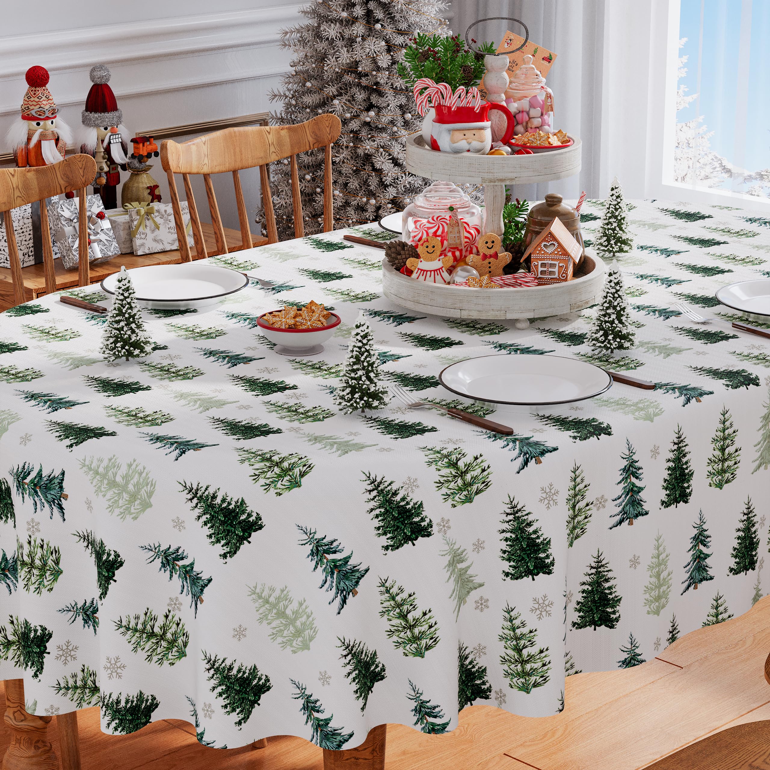 Siilues Christmas Tablecloth 60x84 Inch Oval, Christmas Tree Decorations Vintage Table Cloth Seasonal Winter Holiday Waterproof Dining Table Cover Home Party Decorations