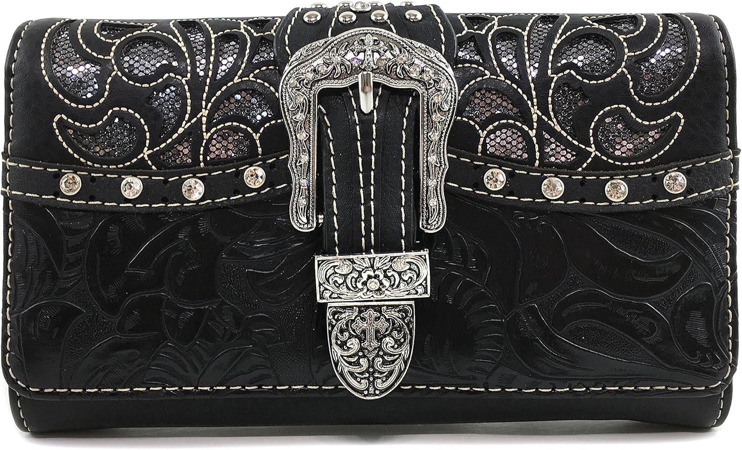 Justin West Gleaming Laser Cut Rhinestone Buckle Studded Concealed Carry Handbag Purse