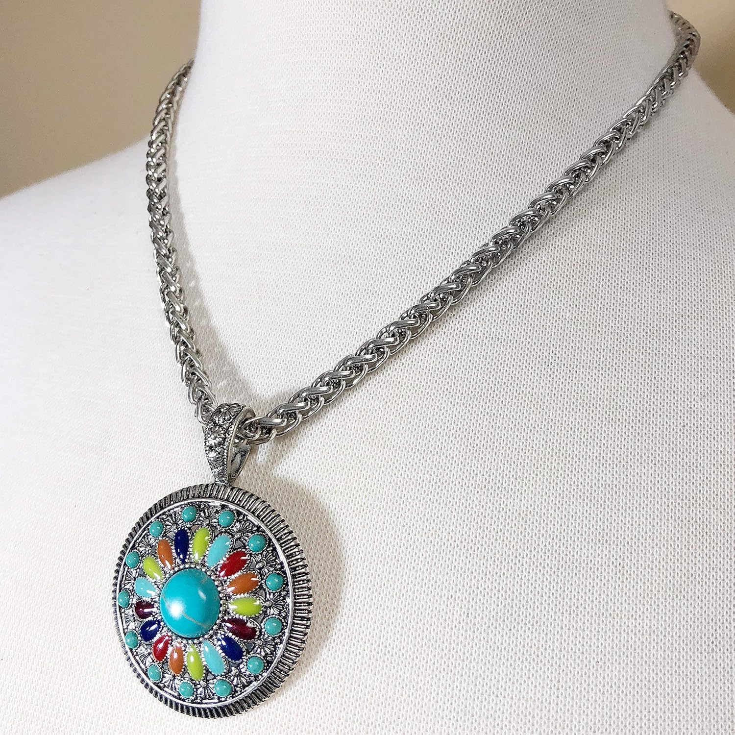 Gypsy Jewels Multi Color Simple Pendant Silver Tone Simulated Turquoise Boutique Style Statement Necklace & Dangle Earring Set