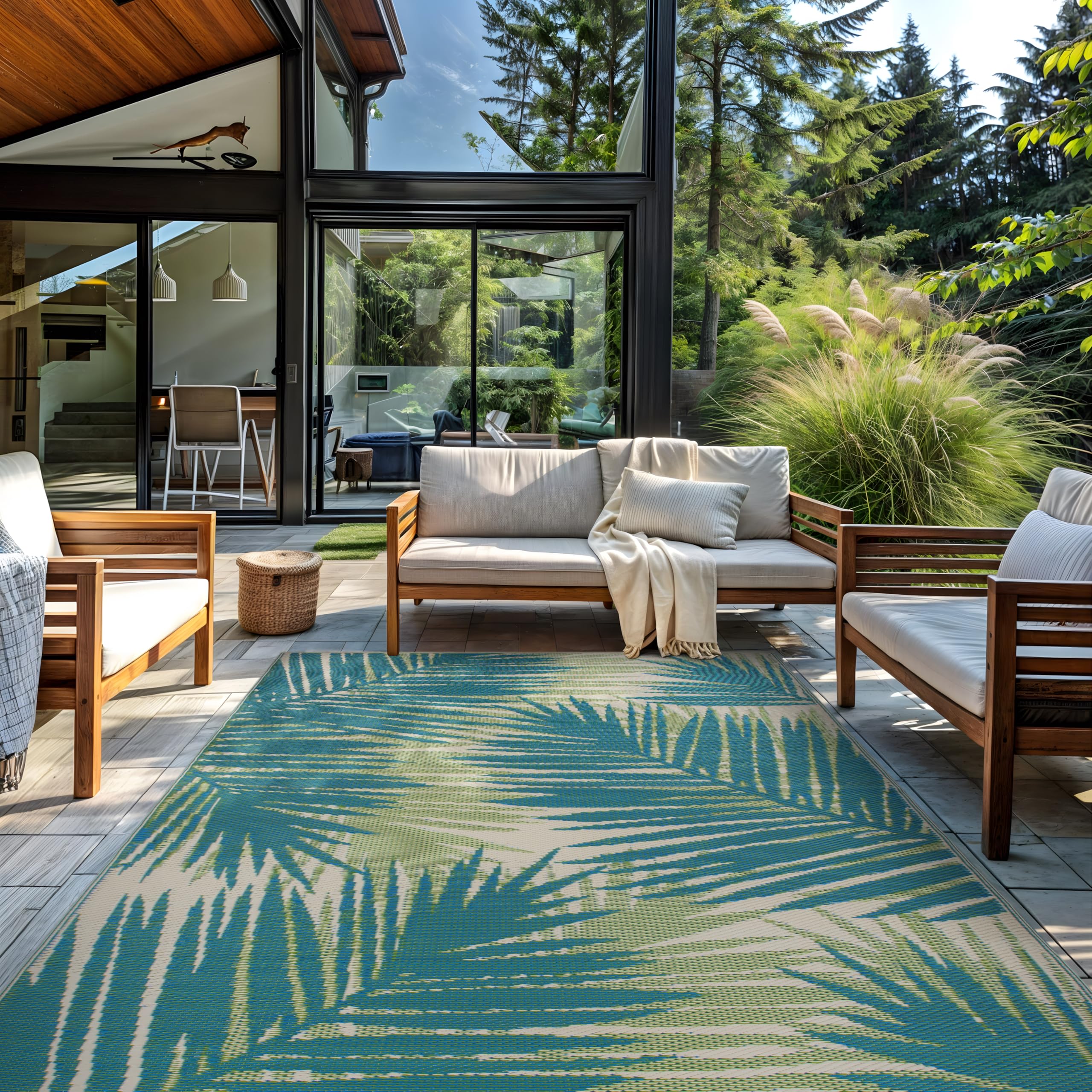 Tapis D'Extérieur Réversible Rugshop Kahului - Plastique Recyclé - Imperméable, Anti-UV - Motif Tropical - 100% Polypropylène