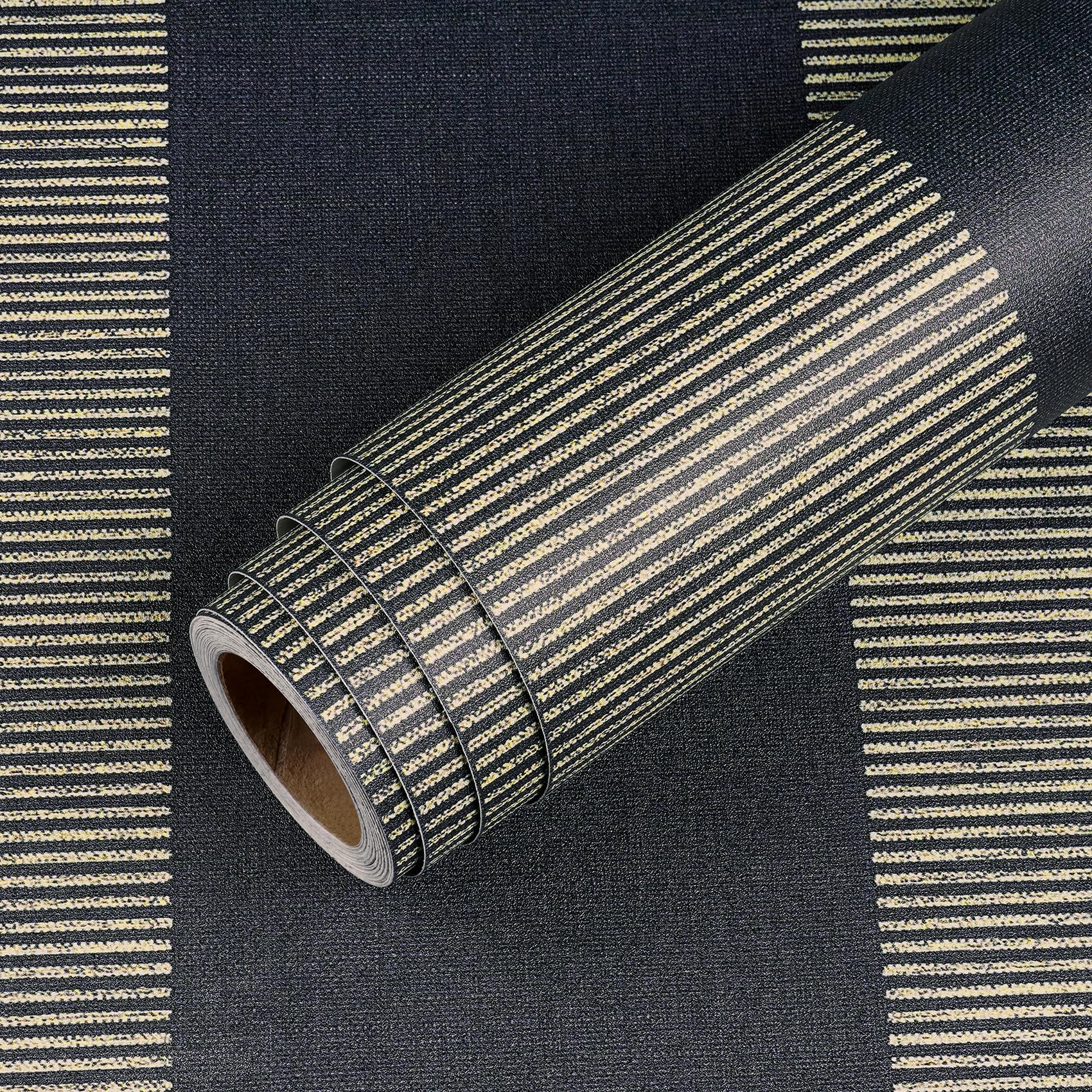 Livelynine 17.5x276 Black and Gold Striped Peel and Stick Wallpaper for Bedroom Vintage Fabric Wall Paper Modern Wallpaper for Living Room Luxury