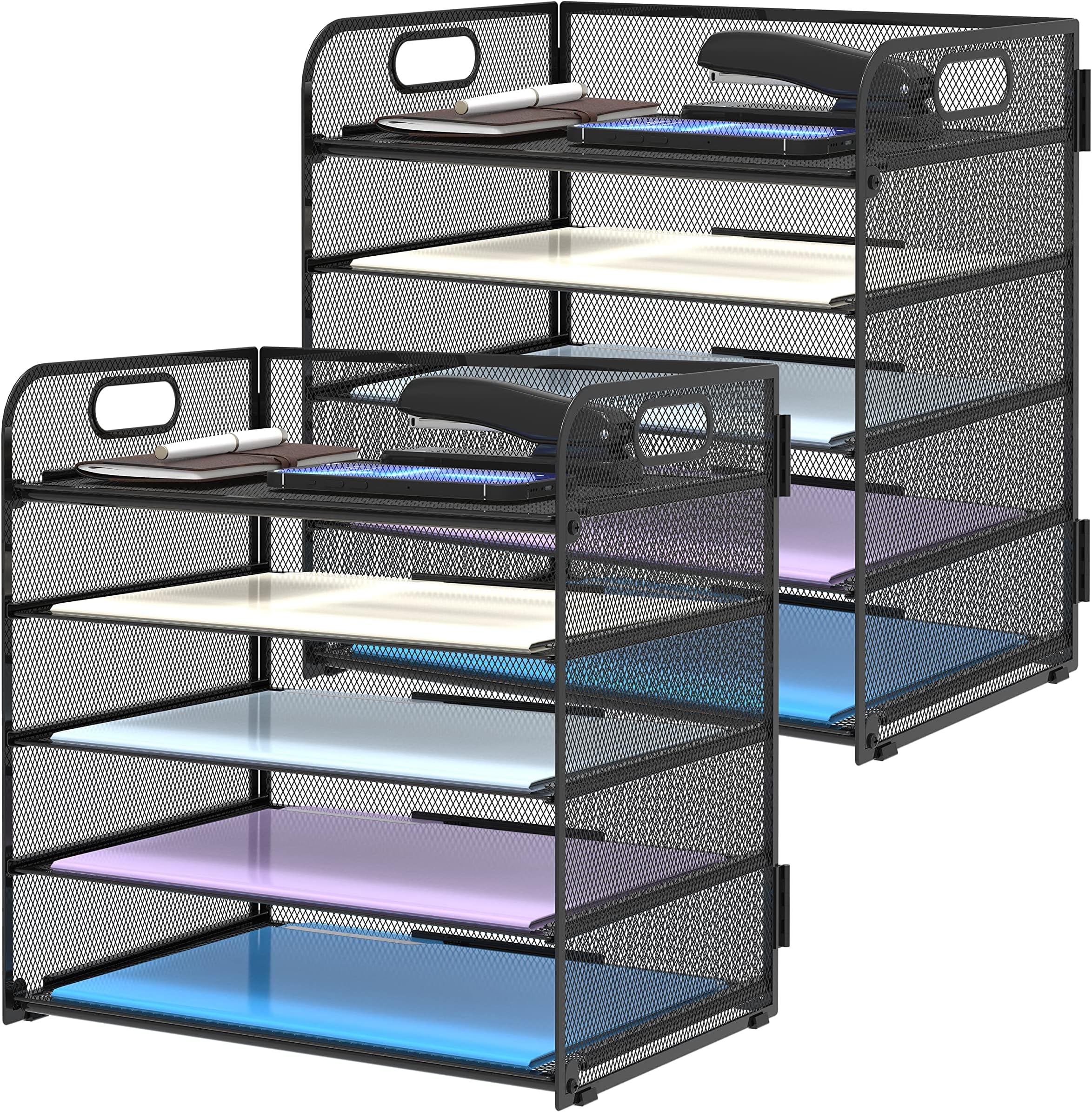 2 Pack 5-Tier Desk Organizer with Handle Mesh Desk File/Paper Organizer Letter Tray for Office, School and Home Easy Installation,Black