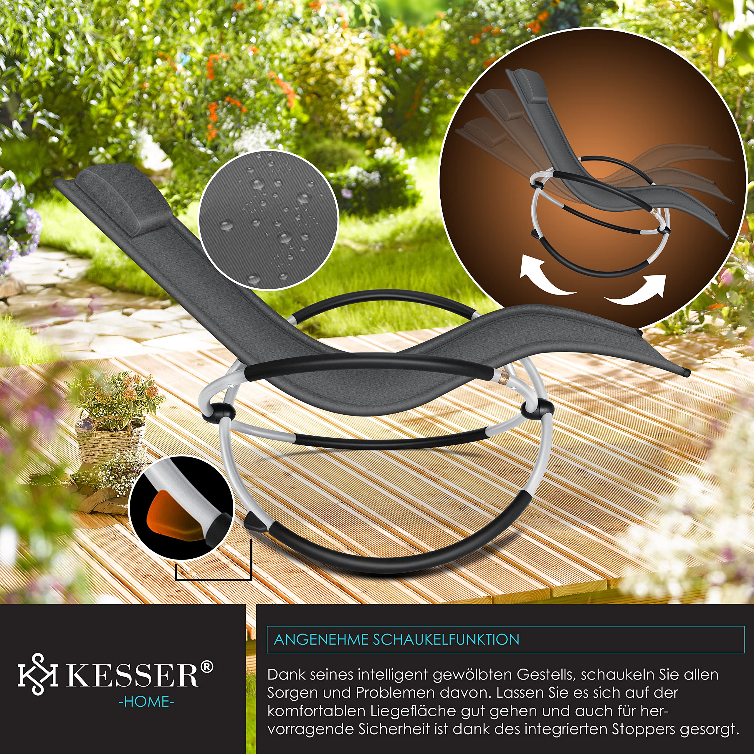 KESSER® Leżak relaksacyjny | leżak ogrodowy | krzesło ogrodowe | składane | leżak zamachowy | ergonomiczny fotel relaksacyjny | odporny na warunki atmosferyczne | obciążenie 180 kg, Antracyt