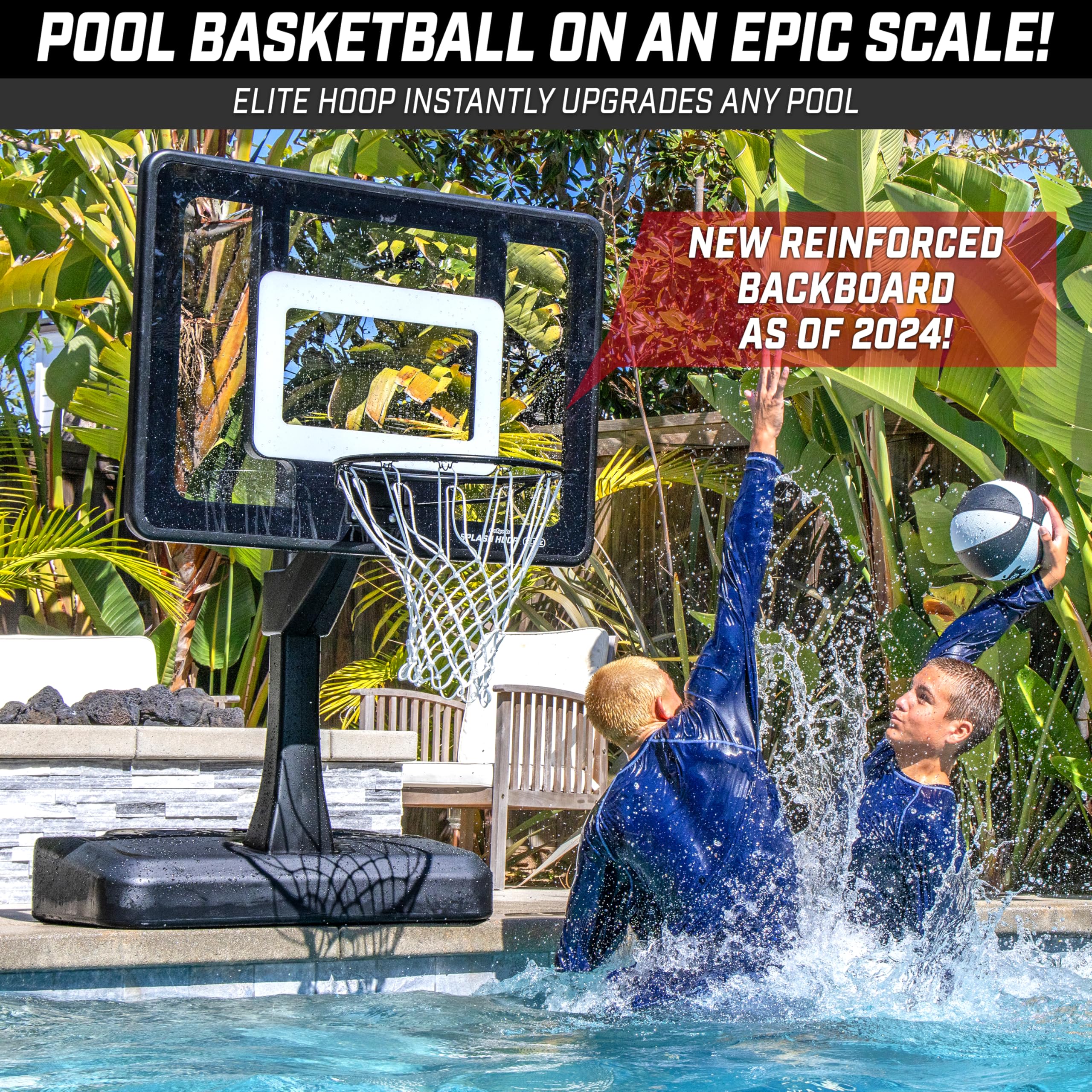 GoSports Splash Hoop Elite Pool Hoop Basketball Game with Water Weighted Base, Adjustable Height, Regulation Steel Rim and 2 Pool Basketballs - Black