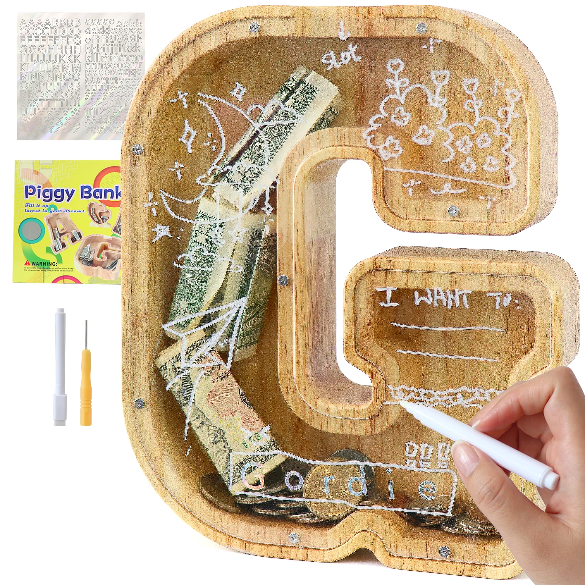 weallbuy Large Letter Piggy Bank for Kids Boys Girls Wooden Personalized Piggy Banks A-Z with Target Area Clear Alphabet Banknote Coin Banks for Gift