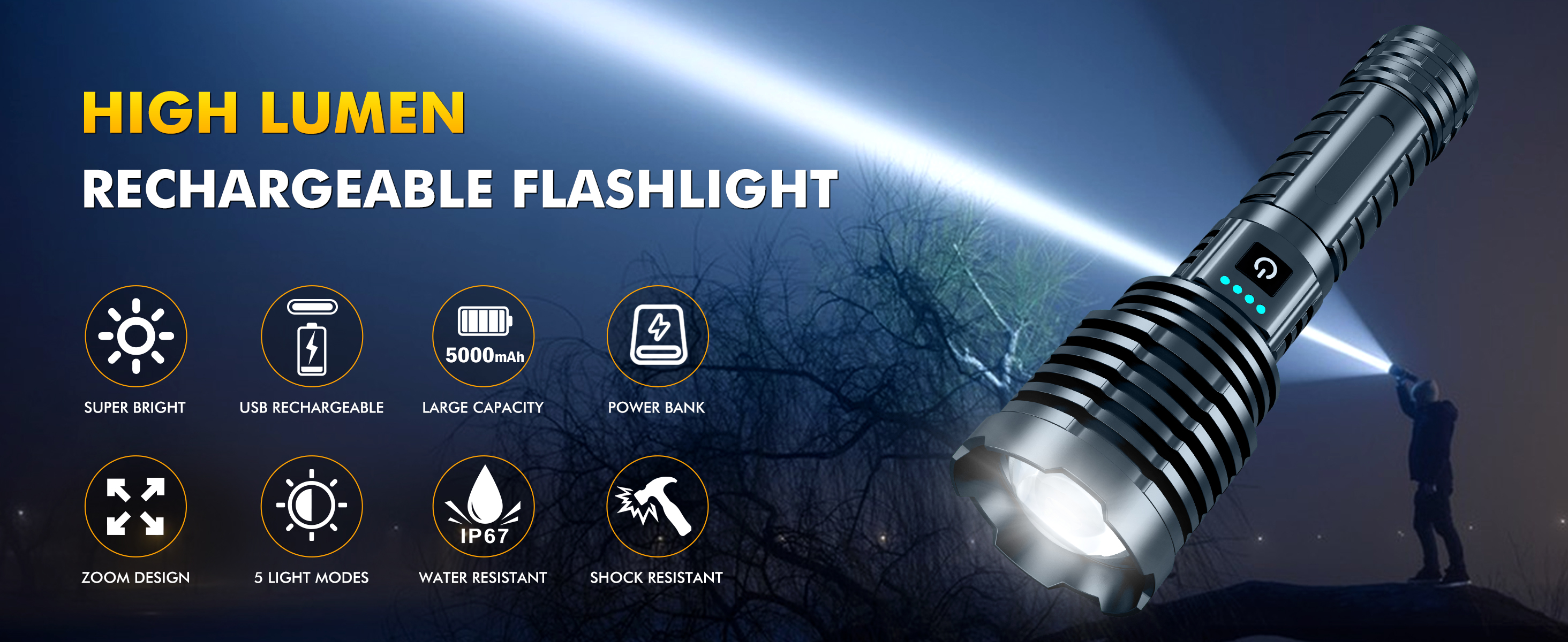 5 hour large battery flashlight rechargable baibian Flashlights High Lumens, 100,000 Lumens Super Bright Flashlight,  Rechargeable Handheld Waterproof Tactical LED Flashlights-Zoomable 5  Modes-31H Runtime-Holster for Emergency Camping
