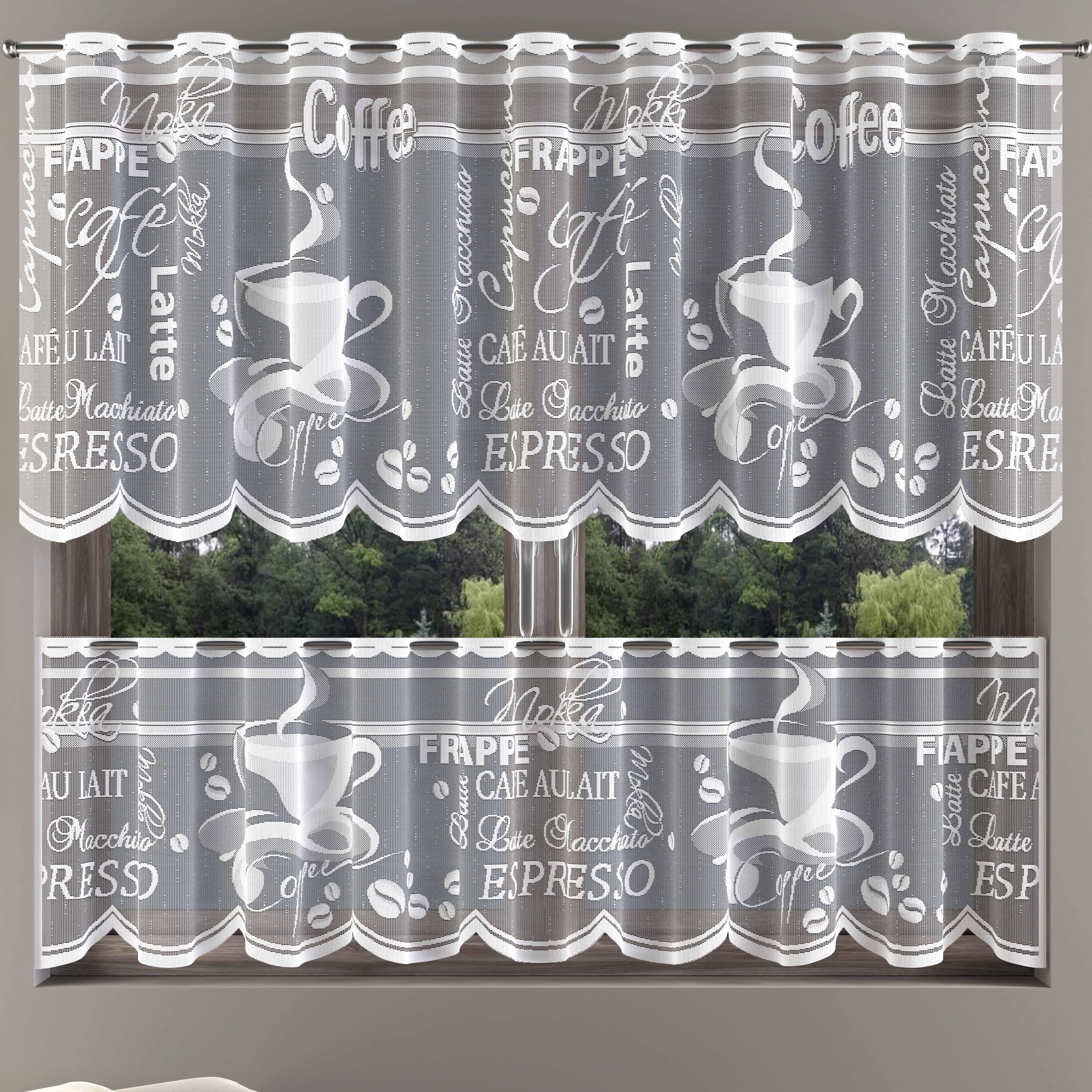 MforStyle Kitchen net curtain WHITE COFFEE - Window Decoration - READY TO HANG - HEMMED EDGES - MANY SIZES (selected curtain: 3.5 Metre Width, DROP: 28" (70cm) - WHITE)