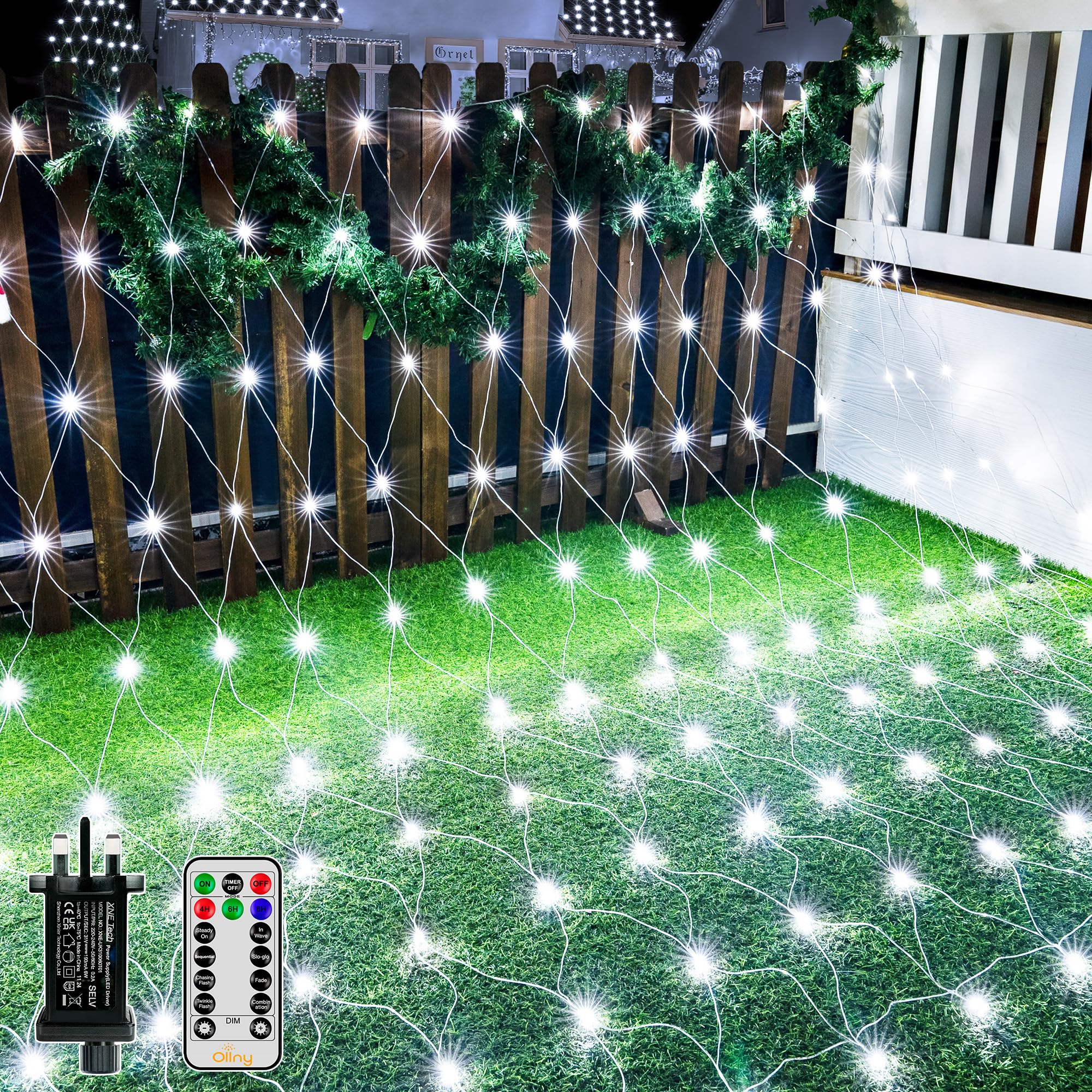 Ollny Net Lights Outdoor, 200 LED 3m x 2m Christmas Fairy Lights Mains Powered, Waterproof Mesh String Light with 8 Lighting Modes/Timer/Remote/Dimmable, for Xmas Tree/Outside/Garden, Cool White