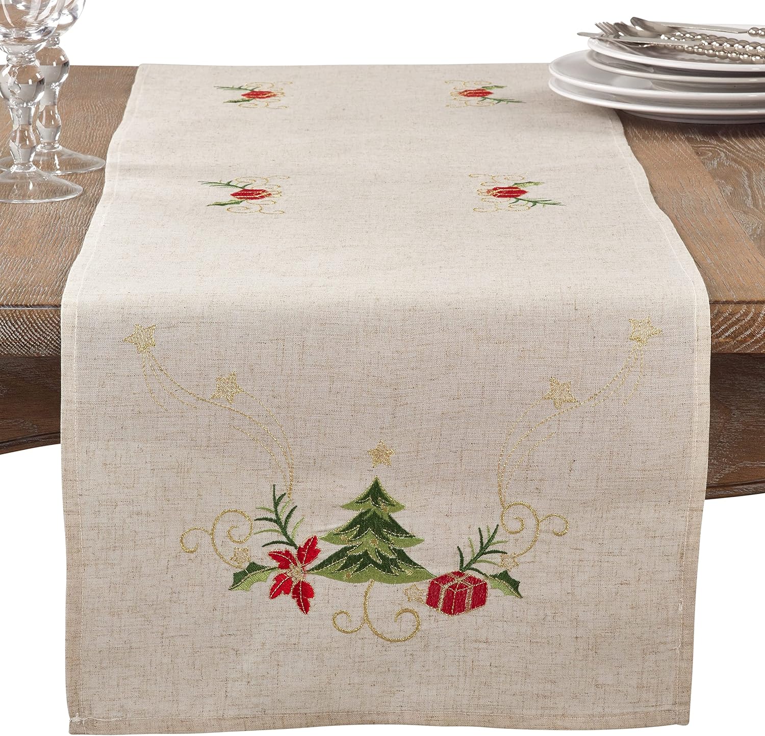SARO LIFESTYLE Arbre de Noël Collection Embroidered Christmas Tree Design Linen Blend Table Runner, 16" x 120", Natural