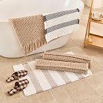 Waffle Bath Mat Non Slip, Boho Bathroom Rug, Super Absorbent Quick Dry Bathroom Mat, Soft Farmhouse Bath Rug with Tassels, Small Washable Shower Mats for Floor 16"x24", White and Taupe