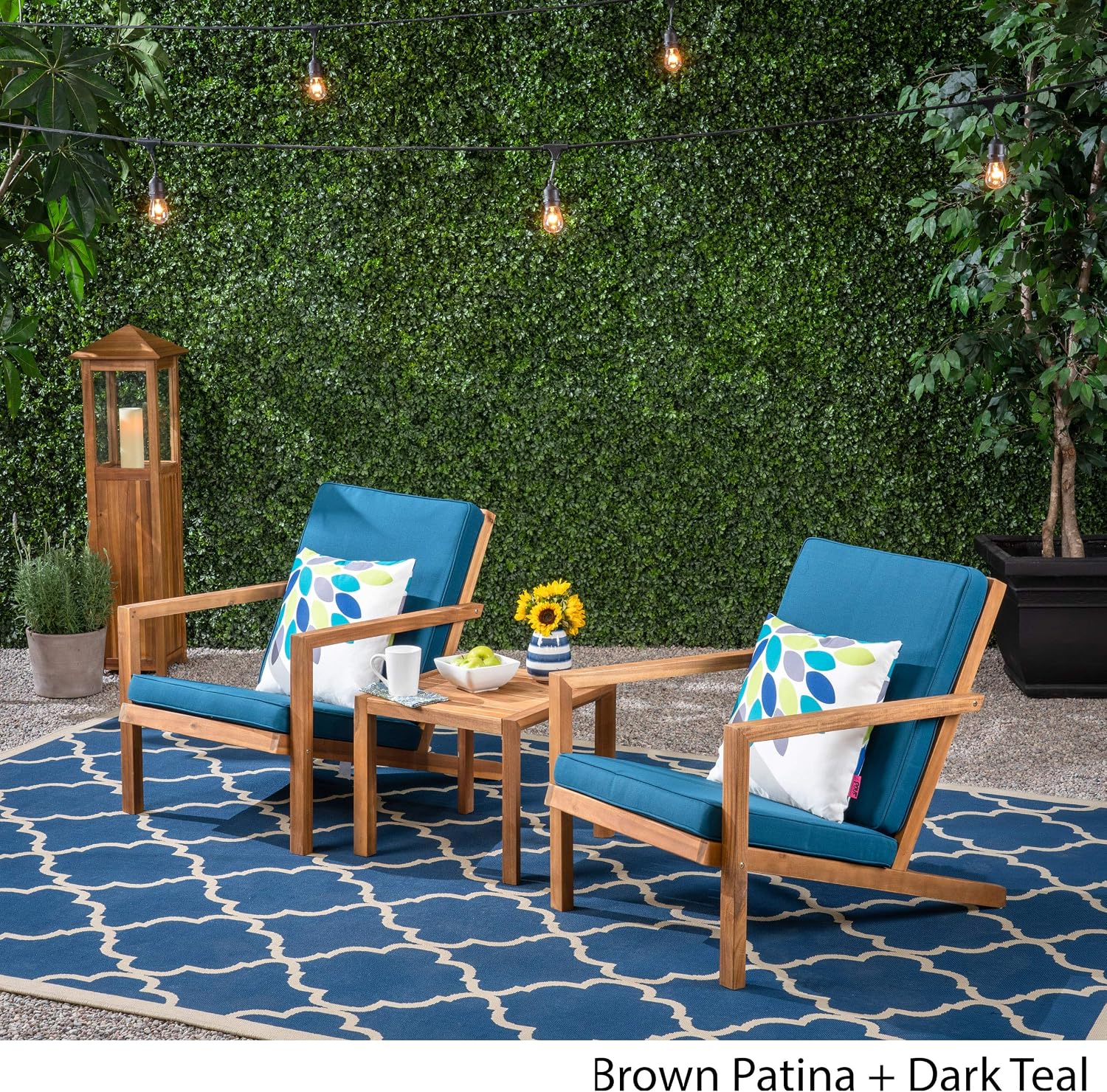 Christopher Knight Home Nick Outdoor 3 Piece Acacia Wood Chat Set, Brown Patina and Dark Teal