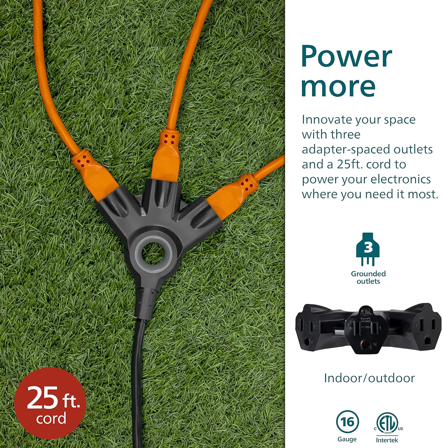 Philips EZGrip Outdoor Extension Cord with Multiple Outlets, Grounded 3 Prong Cord, Long Extension Cord Indoor with Multiple Outlets, Heavy Duty Extension Cord, 25 Ft, 16 AWG, Black, SPC3253ZB/37-T1