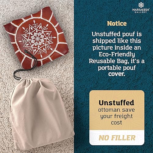 Miniatura 7 de Marrakesh Gallery Funda redonda de cuero genuino para puf – Reposapiés otomano marroquí hecho a mano, reposapiés sin relleno – Decoración boho –