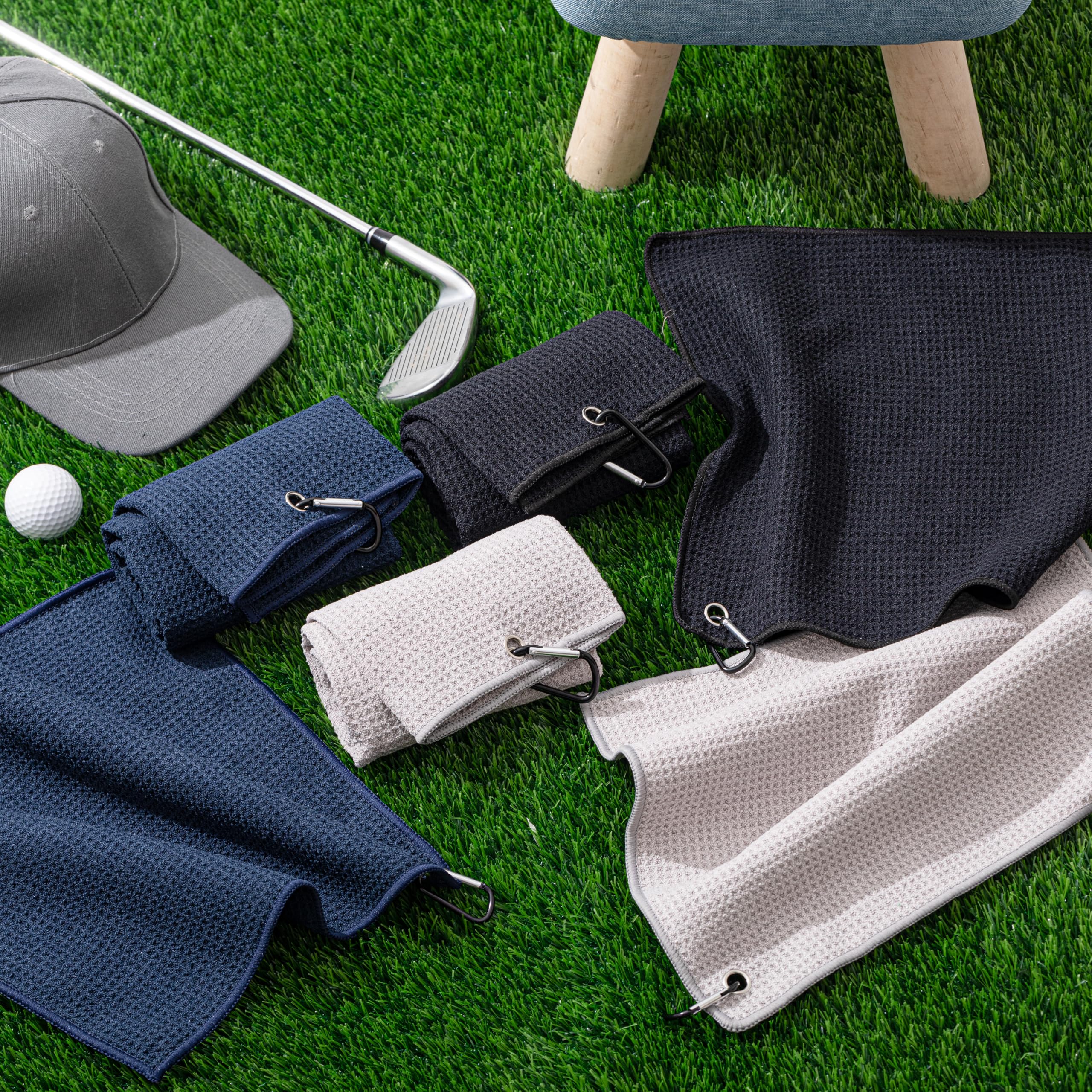 Hahafelt Juego de 6 toallas de golf grandes con clip, 24 x 16 pulgadas, 12 x 12 pulgadas, tela de microfibra portátil con patrón de limpieza de gofres, toalla de golf para bolsa, accesorios de club
