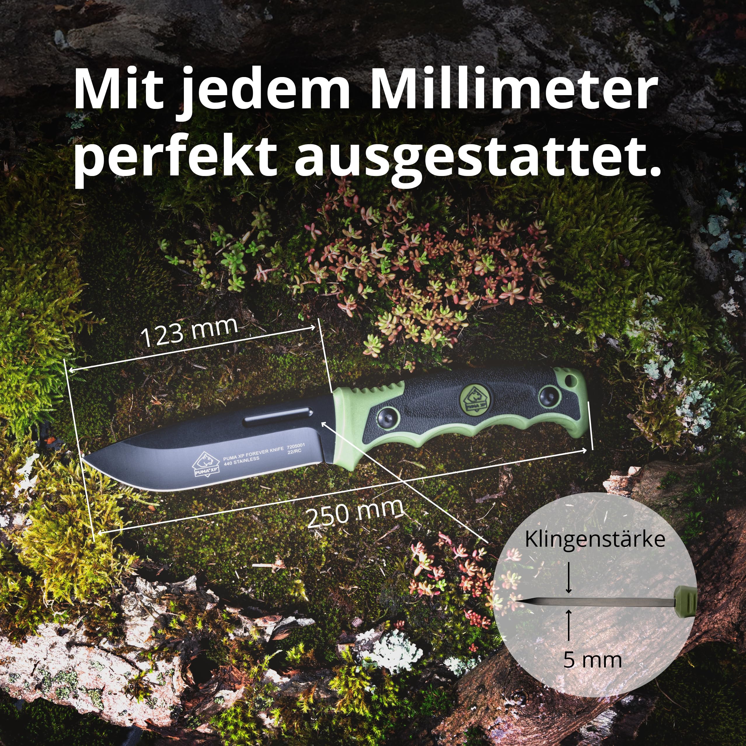 PUMA XP – Forever Knife - Feststehendes Gürtelmesser in Grün - 123mm Klinge aus 440er Stahl (55-57 HRC) - Mit robuster Kunststoffscheide - Für Outdoor, Survival, Jagd & Camping (Art.Nr.: 7205001)