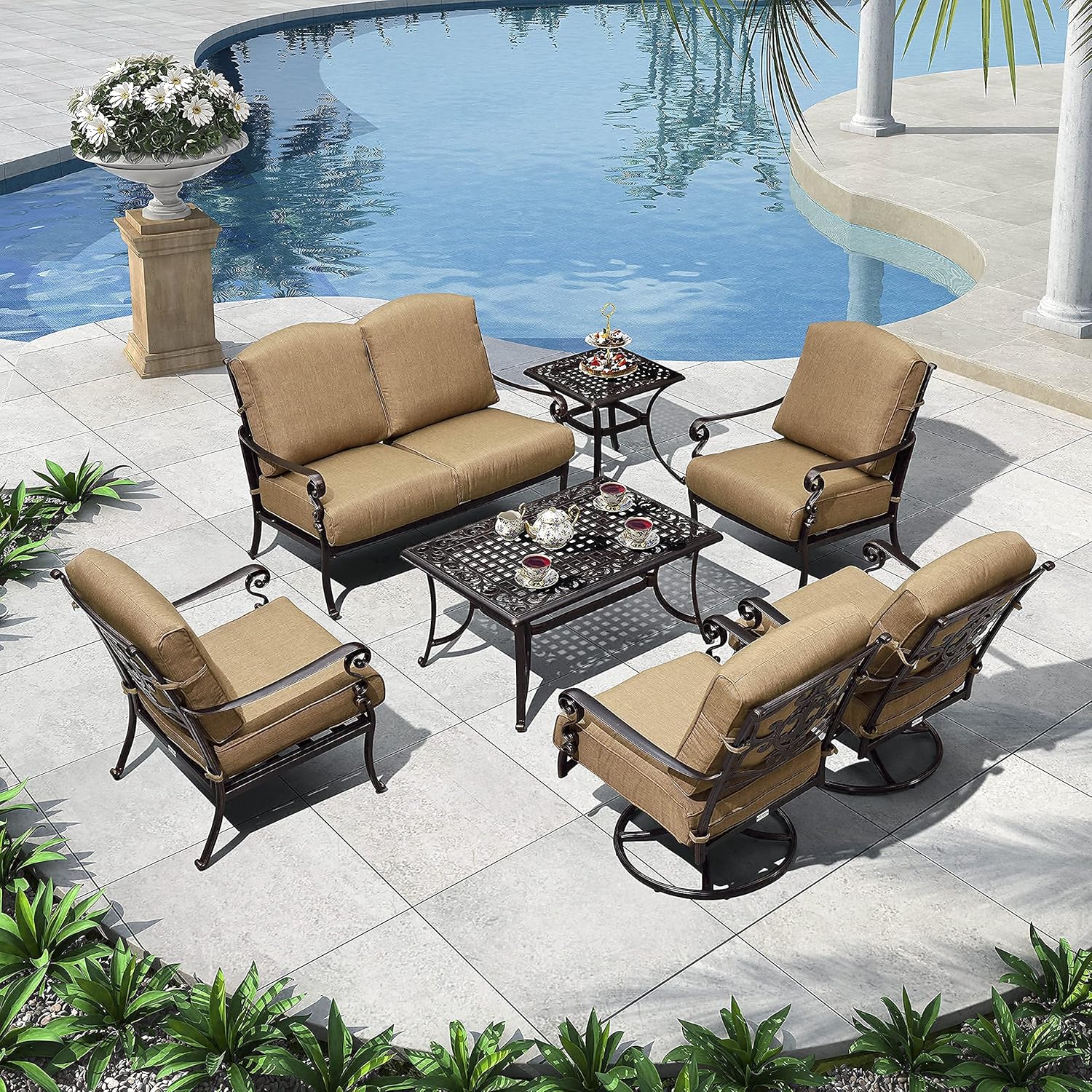 PURPLE LEAF 7 PCS Outdoor Patio Furniture Set Powder Coated Cast Aluminum Patio Conversation Sets, Swivel Single Sofas, Cushions Included, Beige : Patio, Lawn & Garden