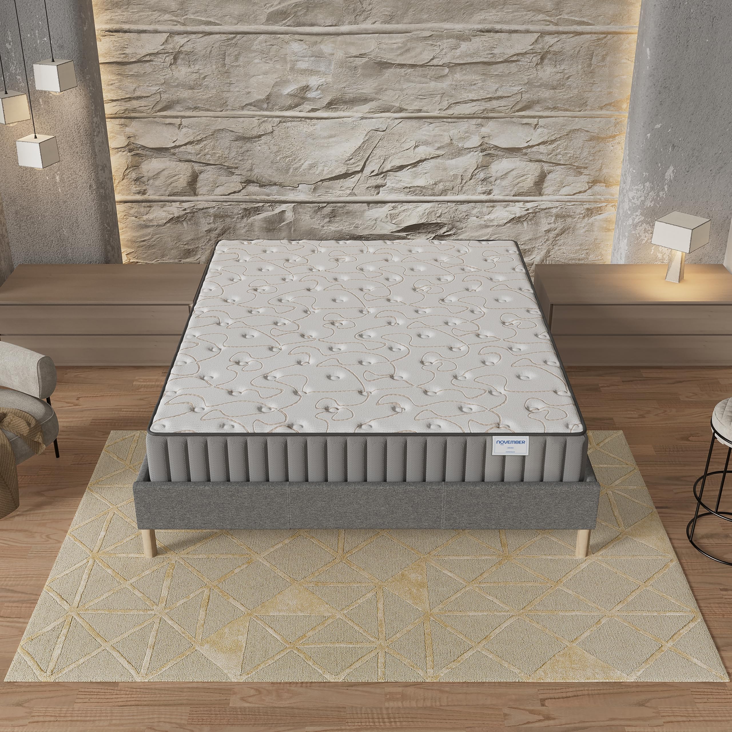 NOVEMBER- Ensemble Matelas + sommier (160 x 200cm)- Matelas Orionis Mousse Mémoire de Forme & Mousse Haute Densité d’épaisseur 22cm + Sommier Bois Stable & Robuste revêtement Tissu Gris