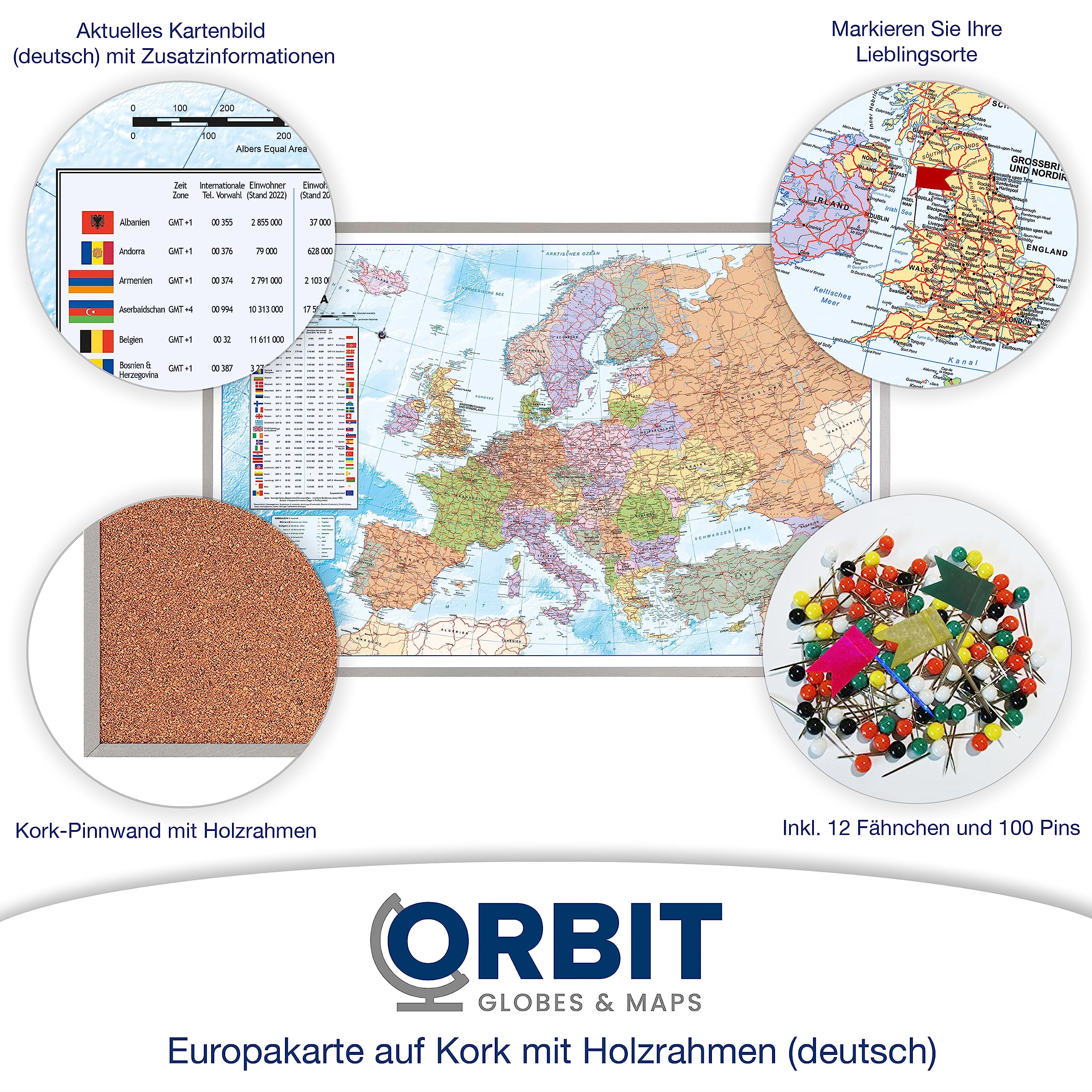 ORBIT GLOBES & MAPS - Politische Europakarte in deutsch, Pinnwand mit Holzrahmen, Aktuell 2025, 90x60 cm, deutsch, Maßstab 1:46 Mio mit Fähnchen und Pins sowie Befestigungsmaterial